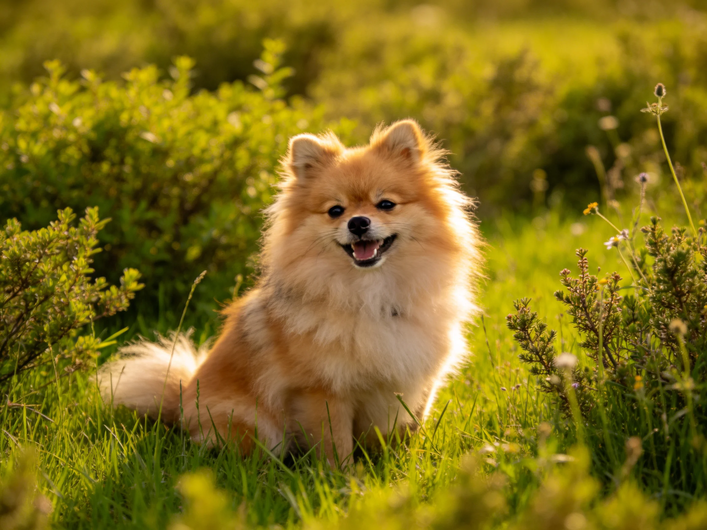 A golden-furred Pomeranian sits in sunlit lush greenery