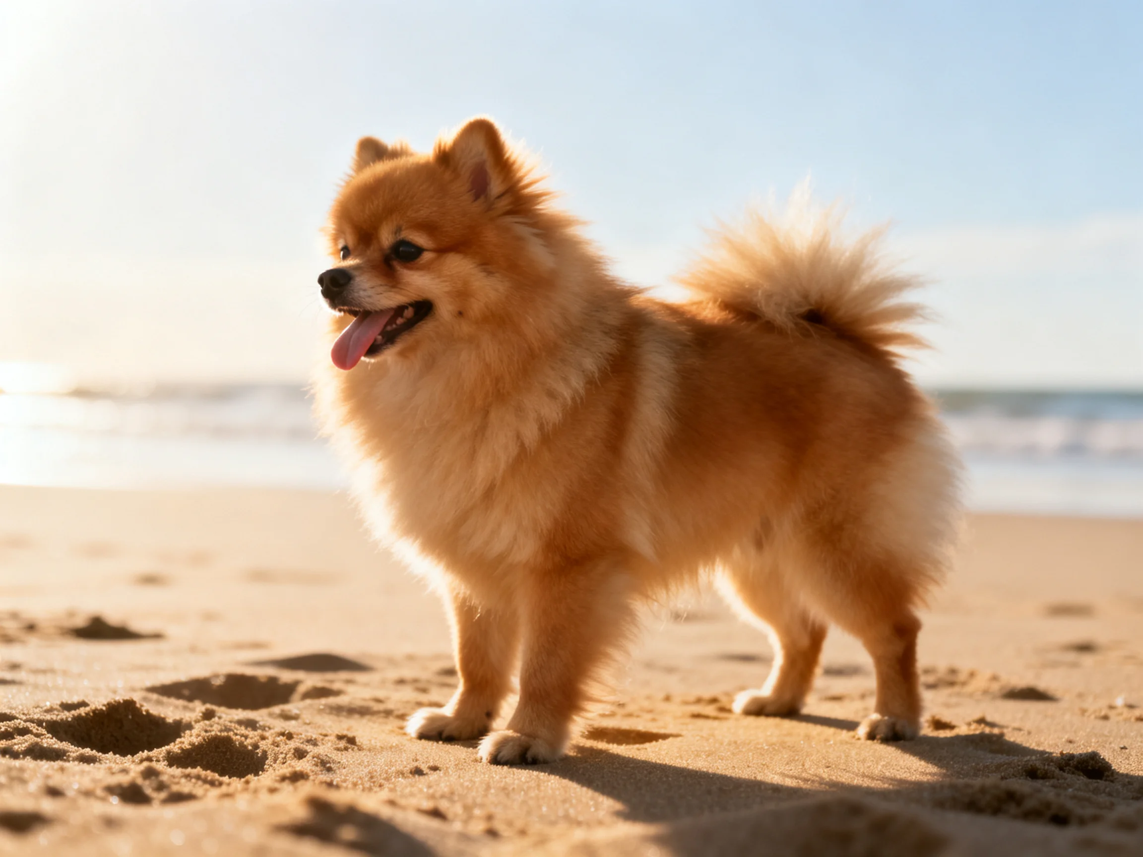 A golden-furred Pomeranian stands on a sandy beach near the ocean