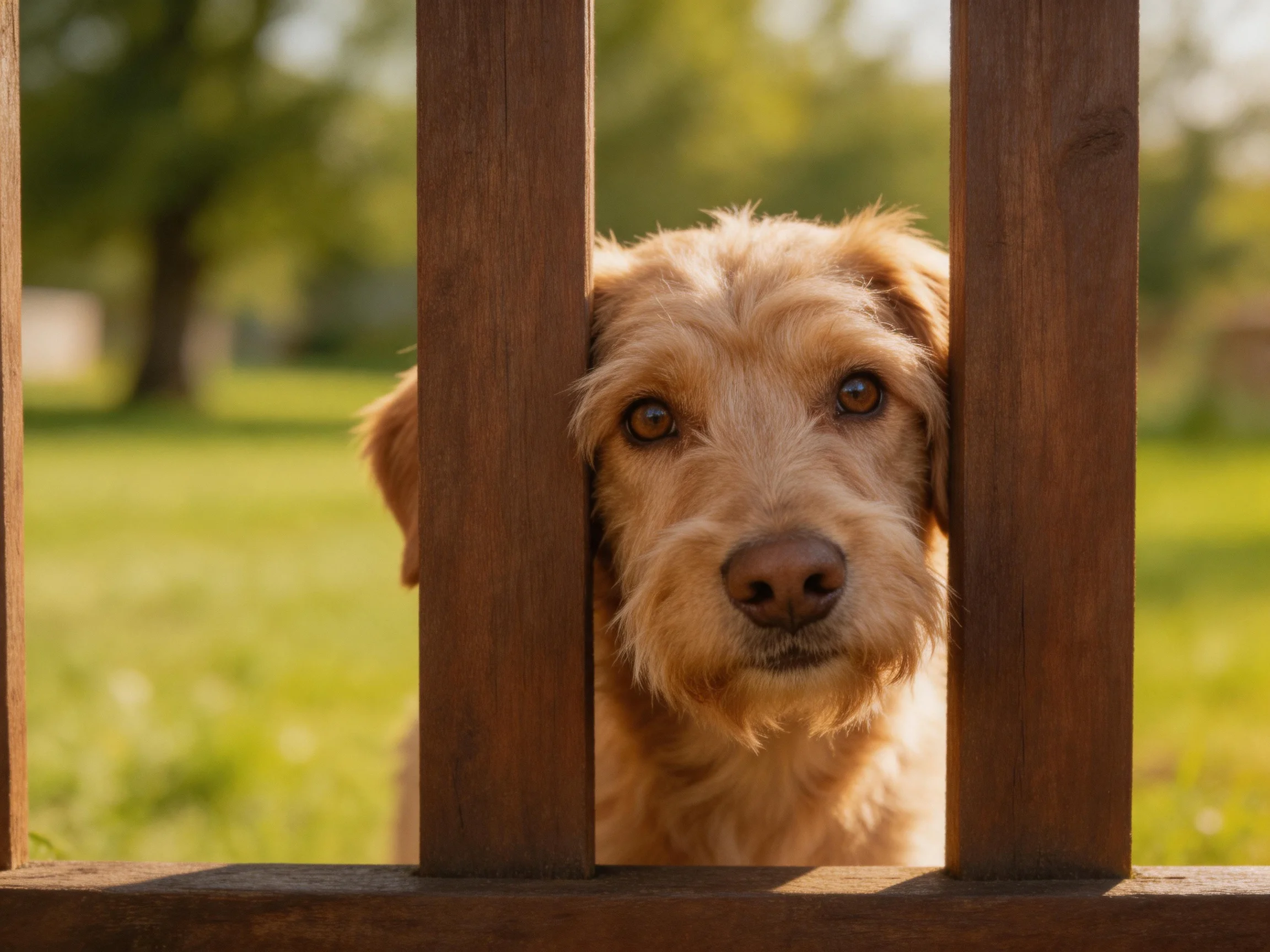A golden-furred dog gazes through a wooden fence in bright daylight