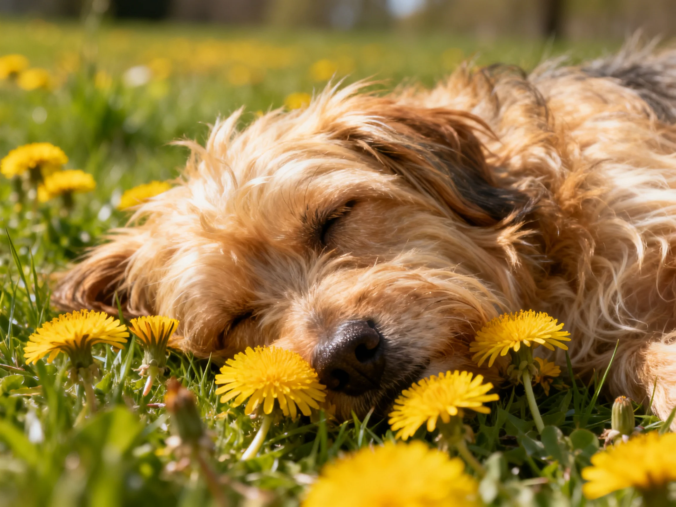A golden dog rests among yellow dandelions in a sunlit meadow.