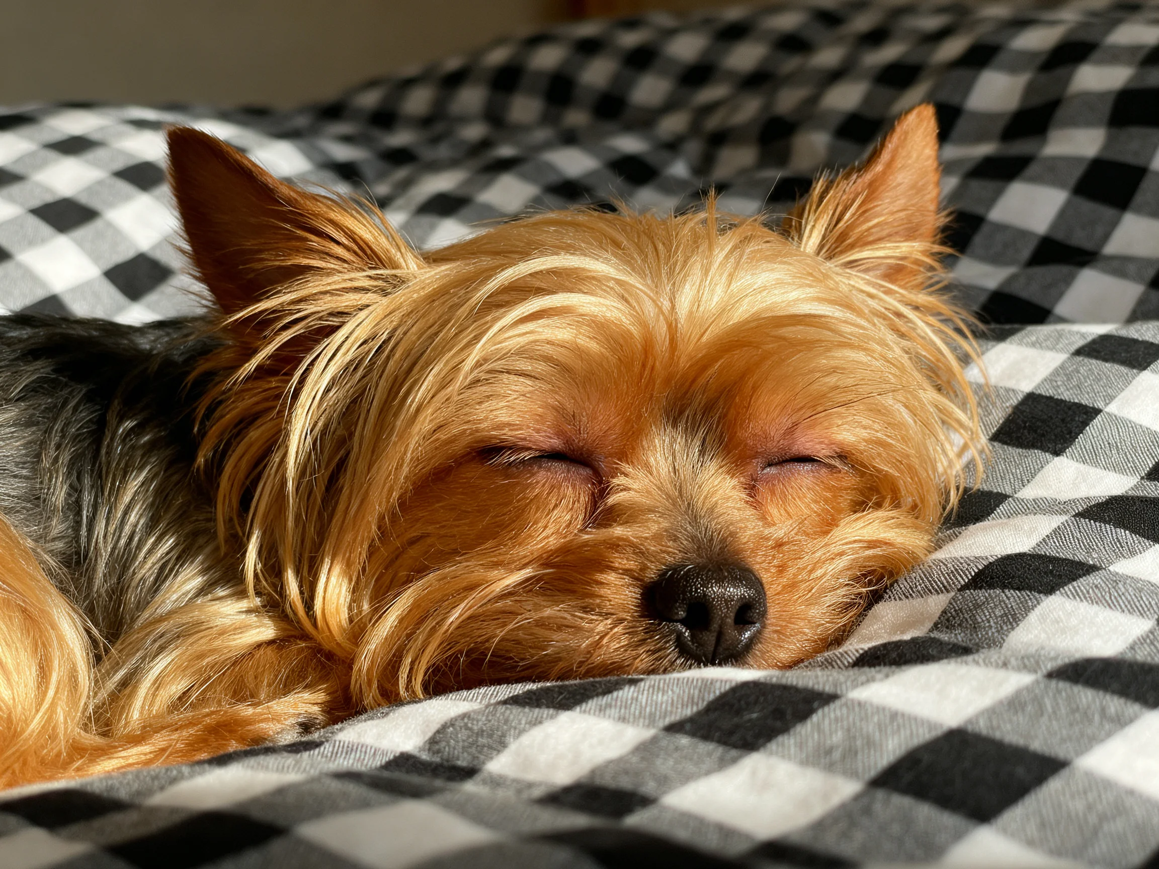 A small dog sleeps on a black-and-white checkered fabric.