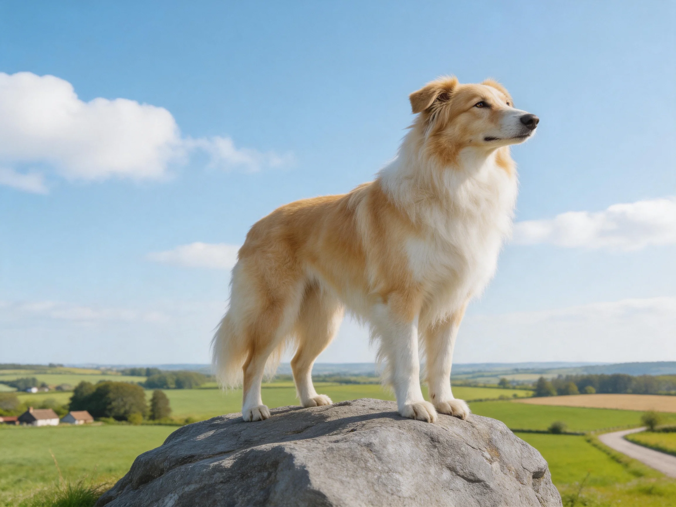 A golden-furred dog stands on a rock, overlooking a scenic countryside landscape.
