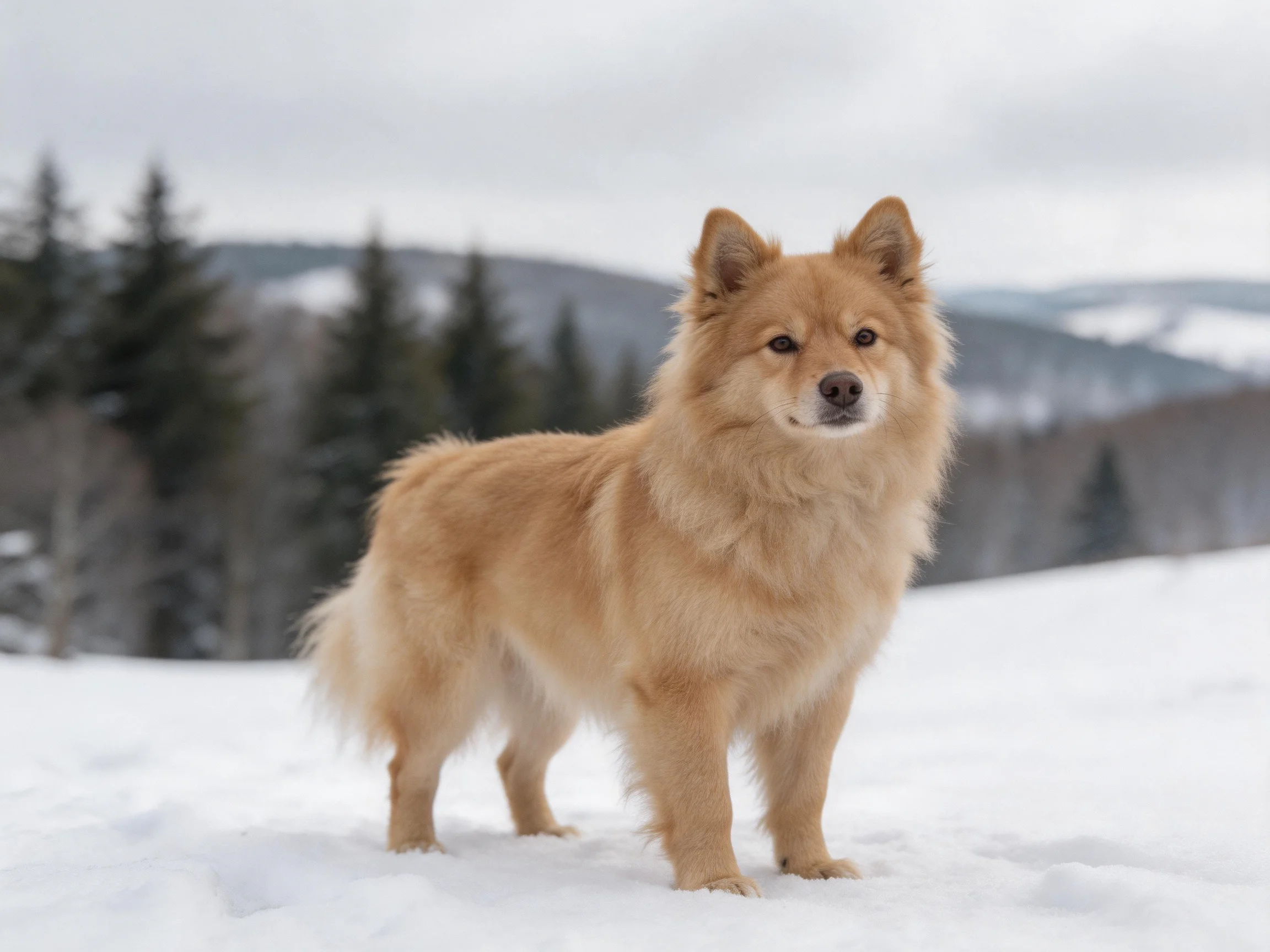 A golden-furred dog stands in a snow-covered mountainous landscape