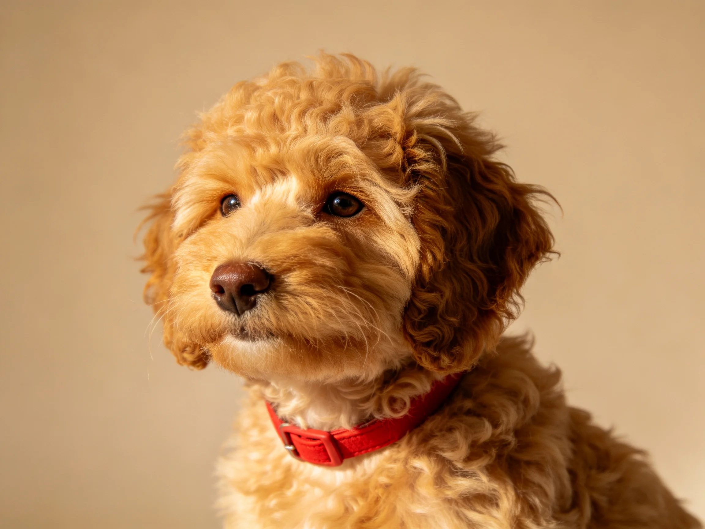 A golden-furred dog with a red collar sits against a plain beige backdrop.