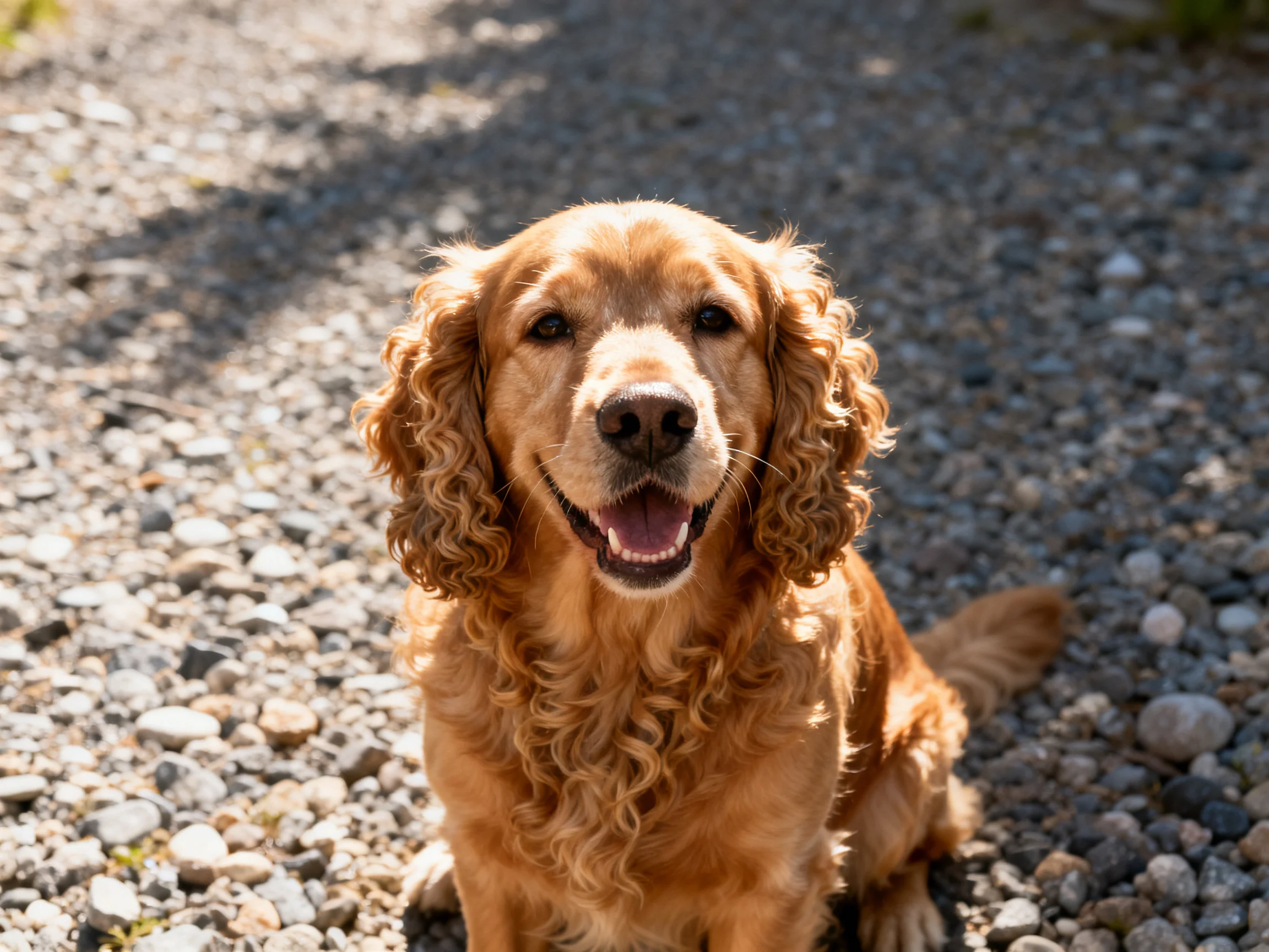 A golden-furred dog with curly fur on a gravel path