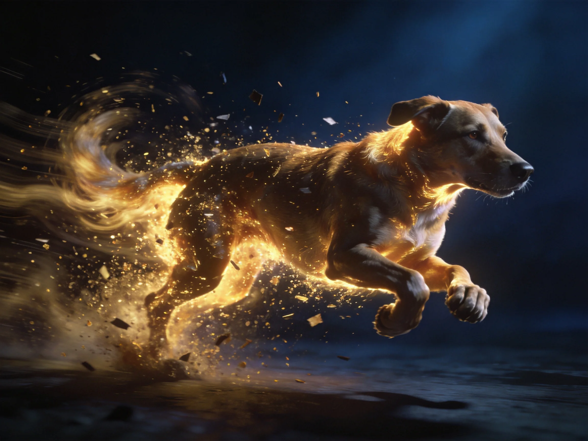 A golden-hued dog leaps through sparkling fragments in dark surroundings