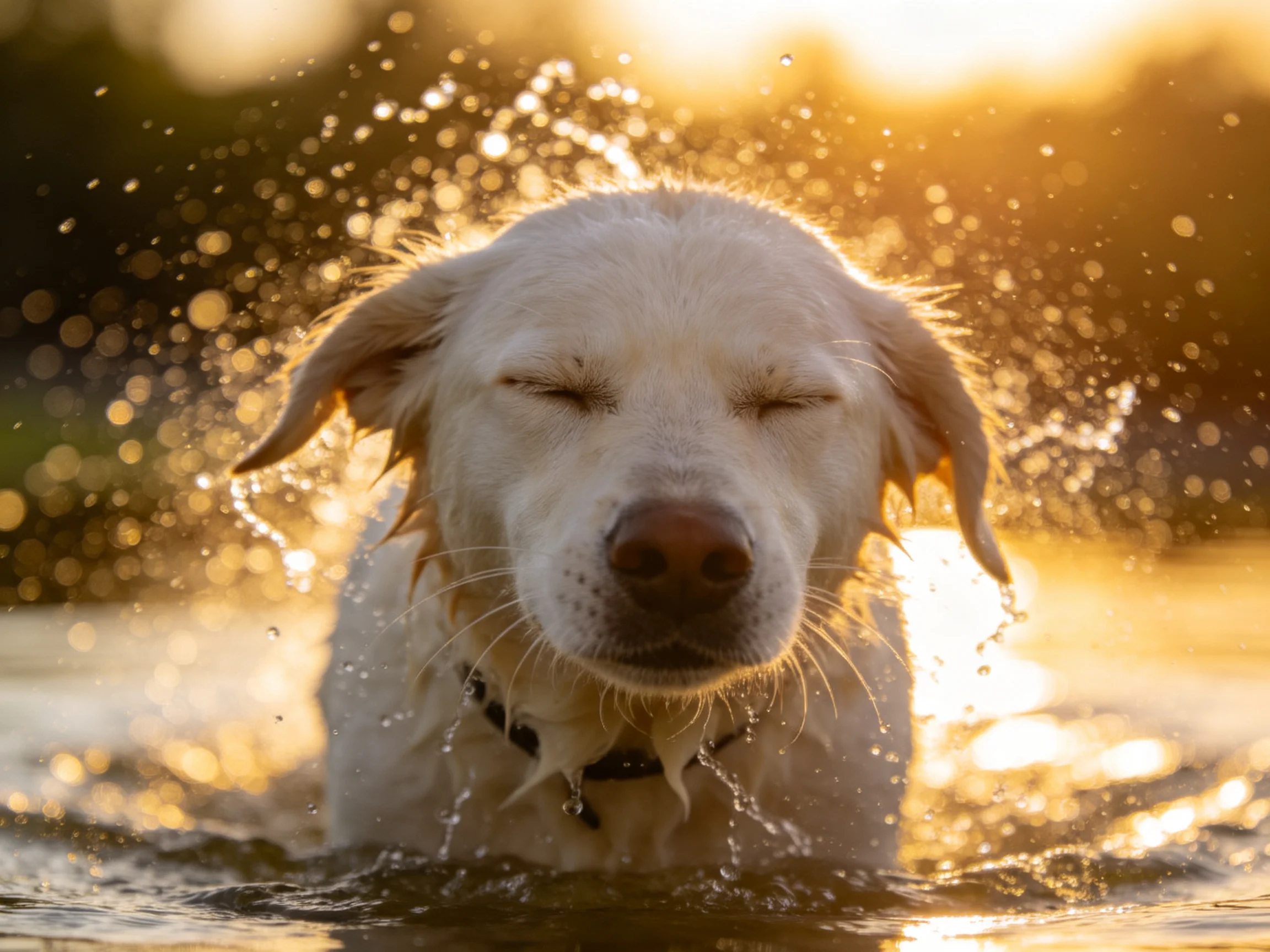 A golden-hued dog splashes joyfully in shimmering water