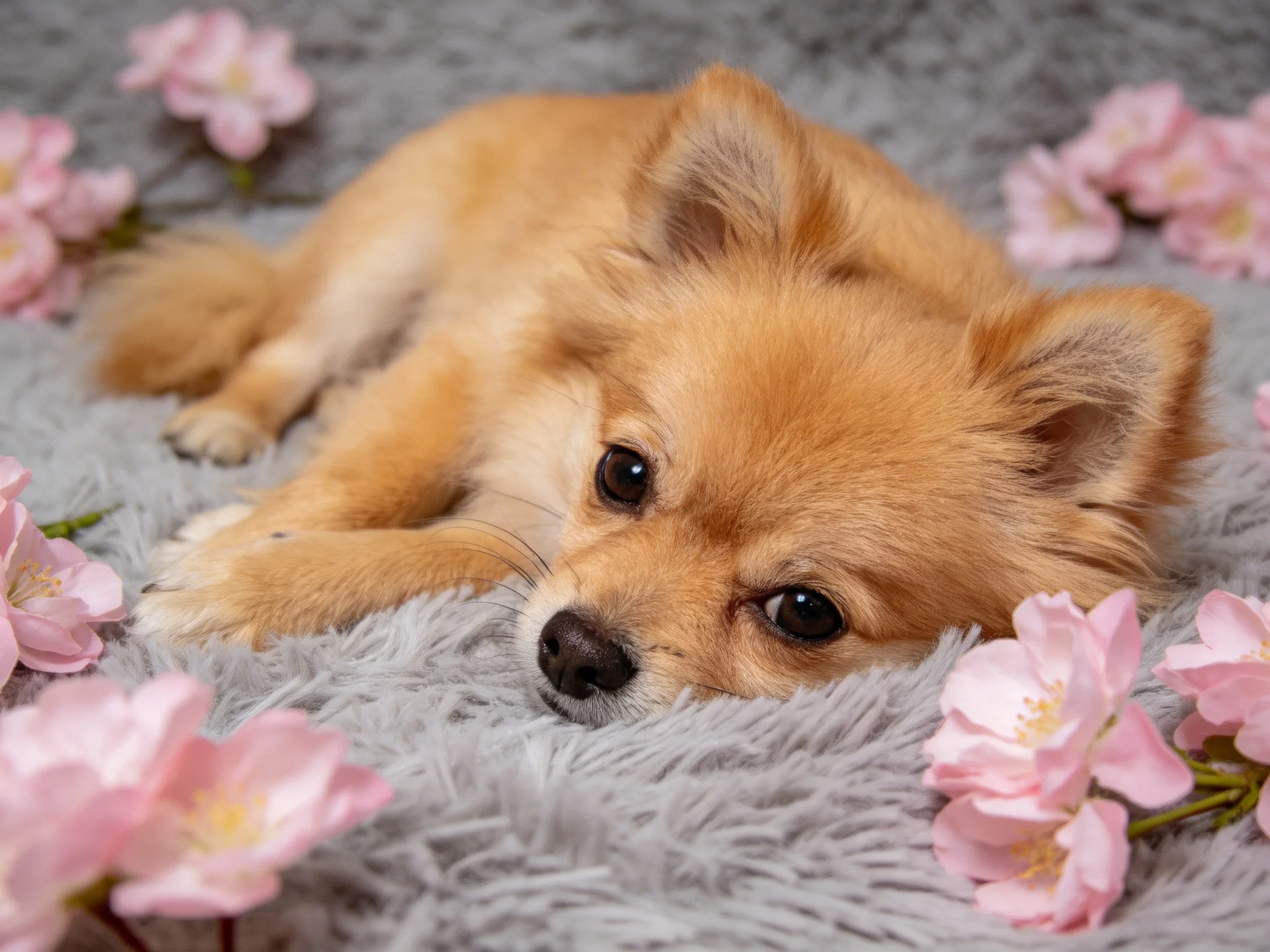 A golden puppy rests on a gray blanket amid scattered pink blossoms