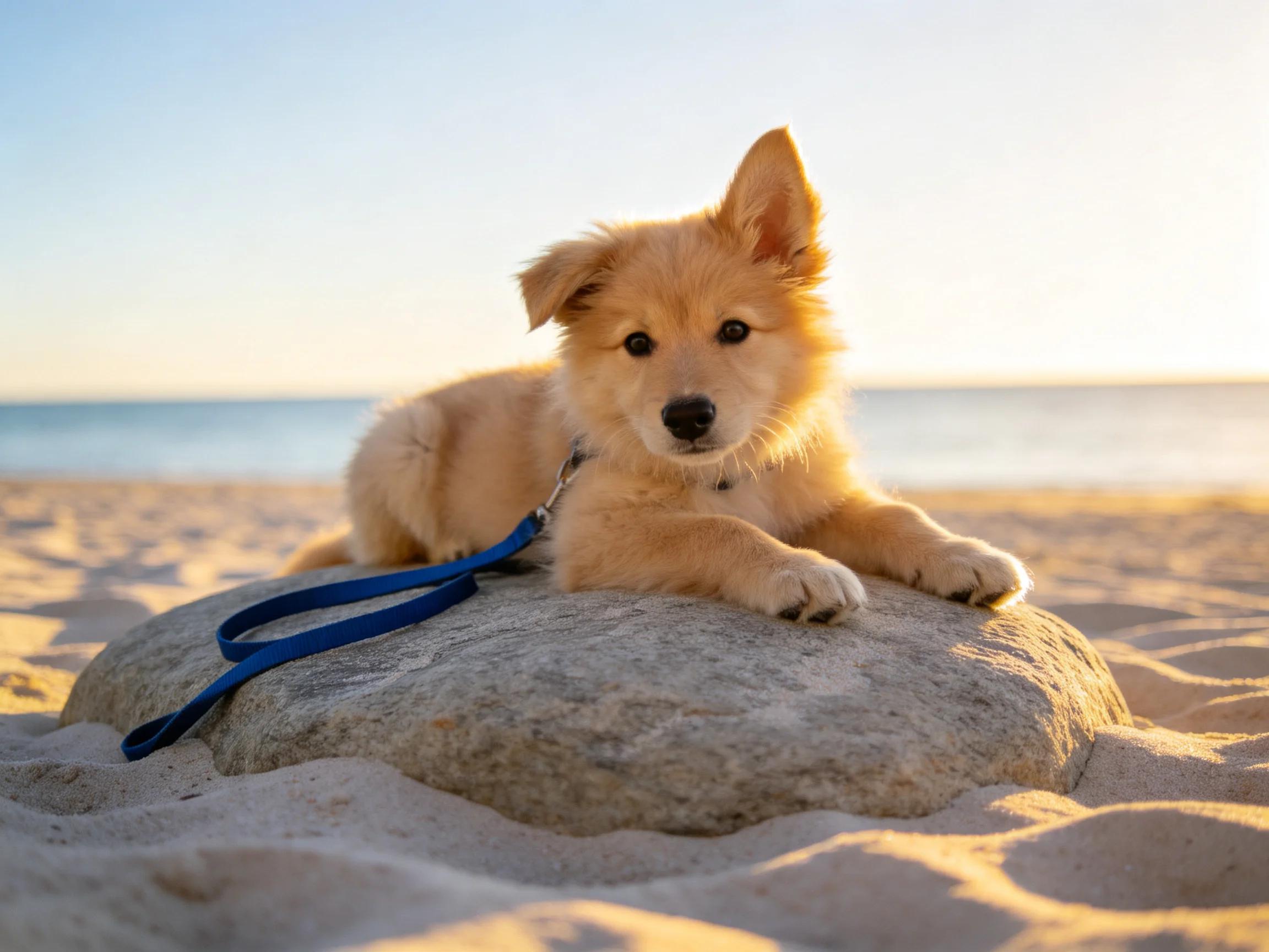 A golden puppy rests on a sandy beach rock with a blue leash