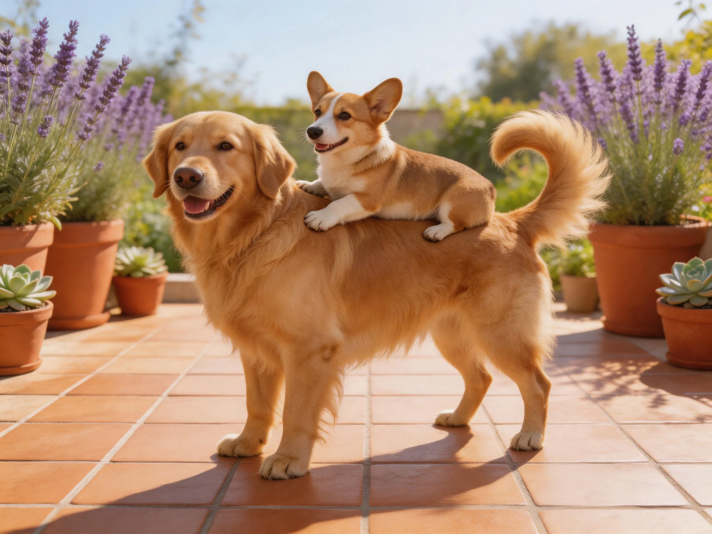 Two dogs share a peaceful moment outdoors near potted plants.