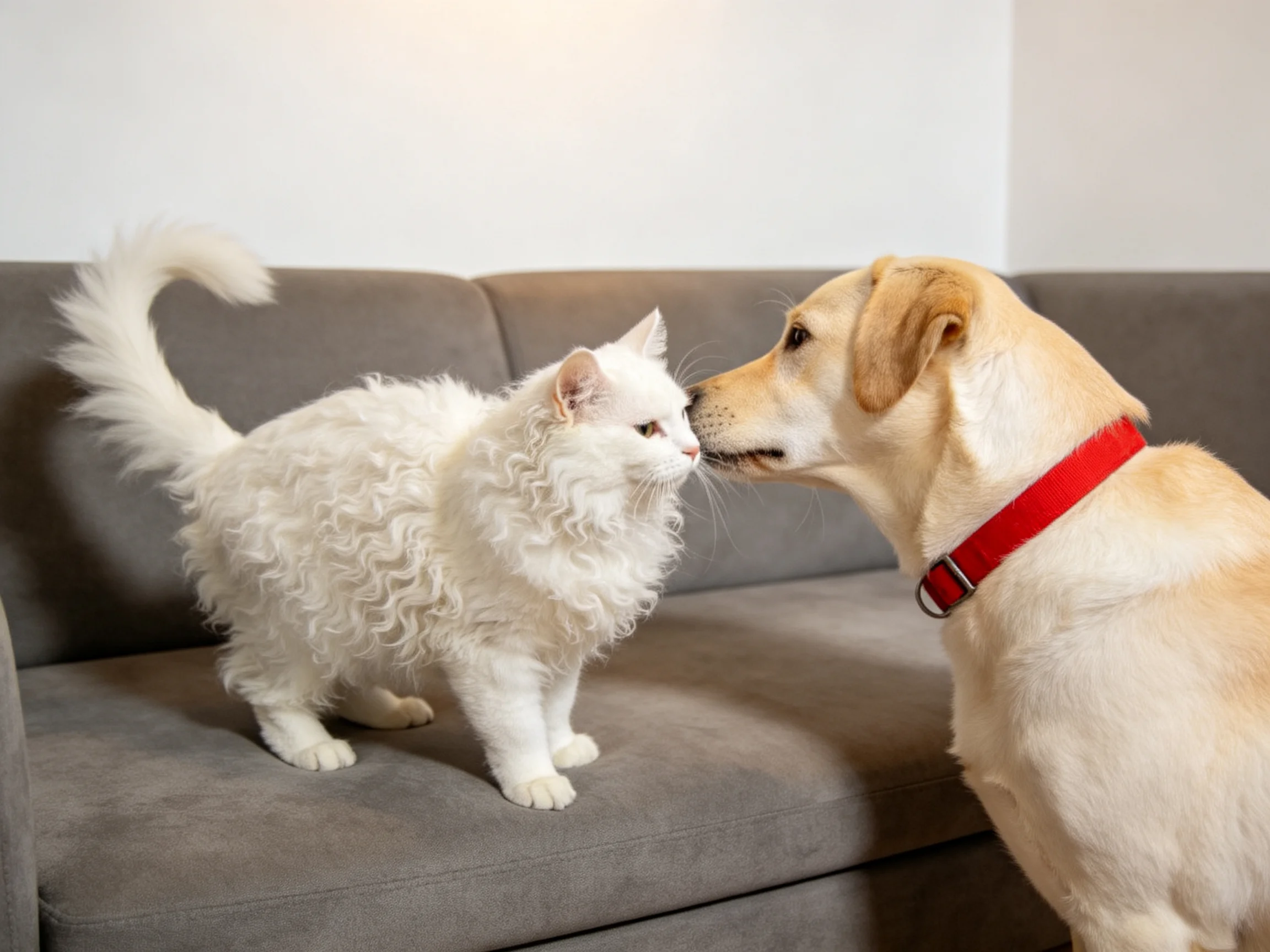 A golden retriever sniffs a fluffy white cat on a gray couch
