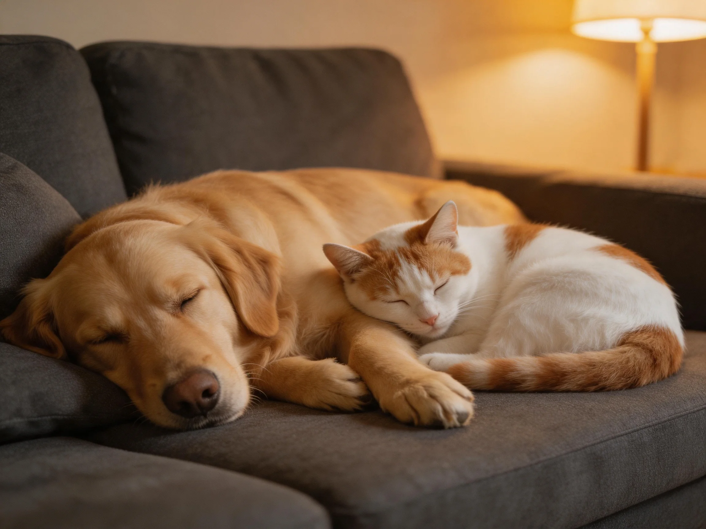 Pets rest together on a dark sofa