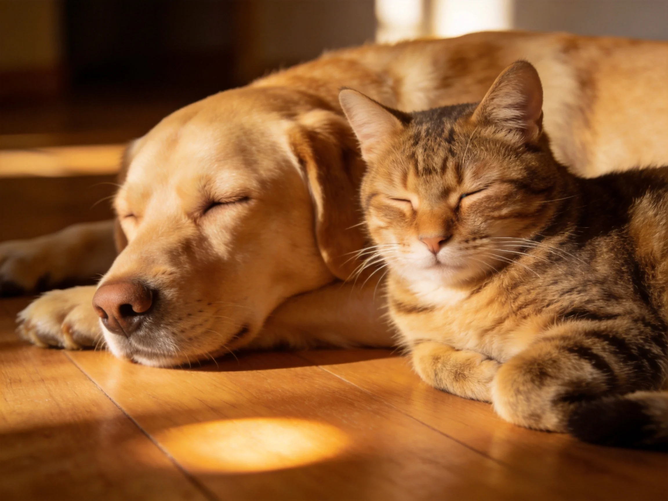 Two pets rest peacefully beside each other on a wooden floor.
