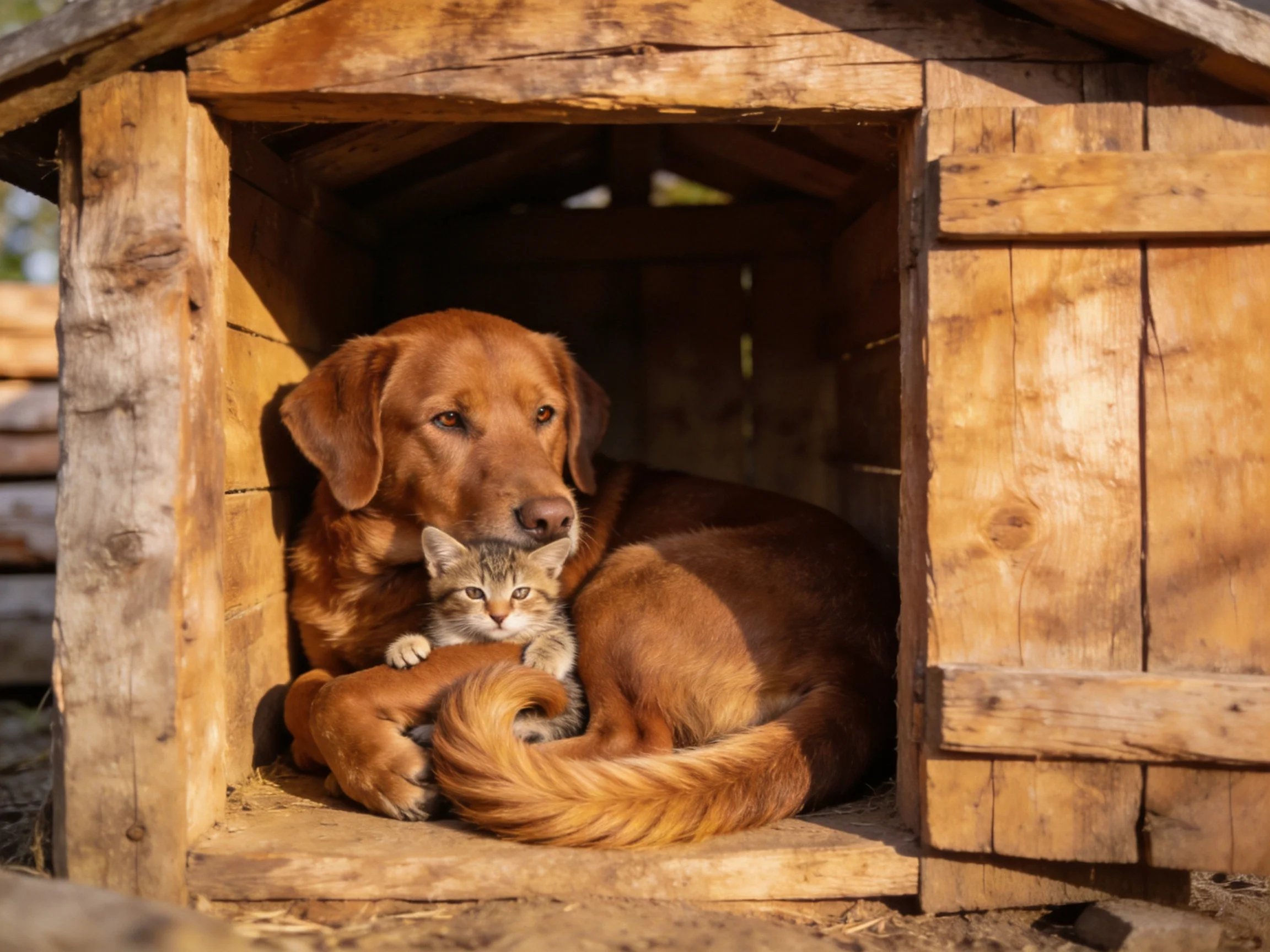 A golden retriever and tabby kitten share a cozy space in a wooden shelter.