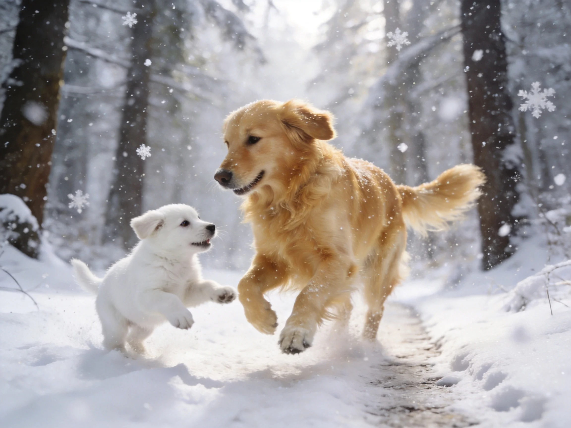 A golden retriever and white puppy play in a snowy forest trail