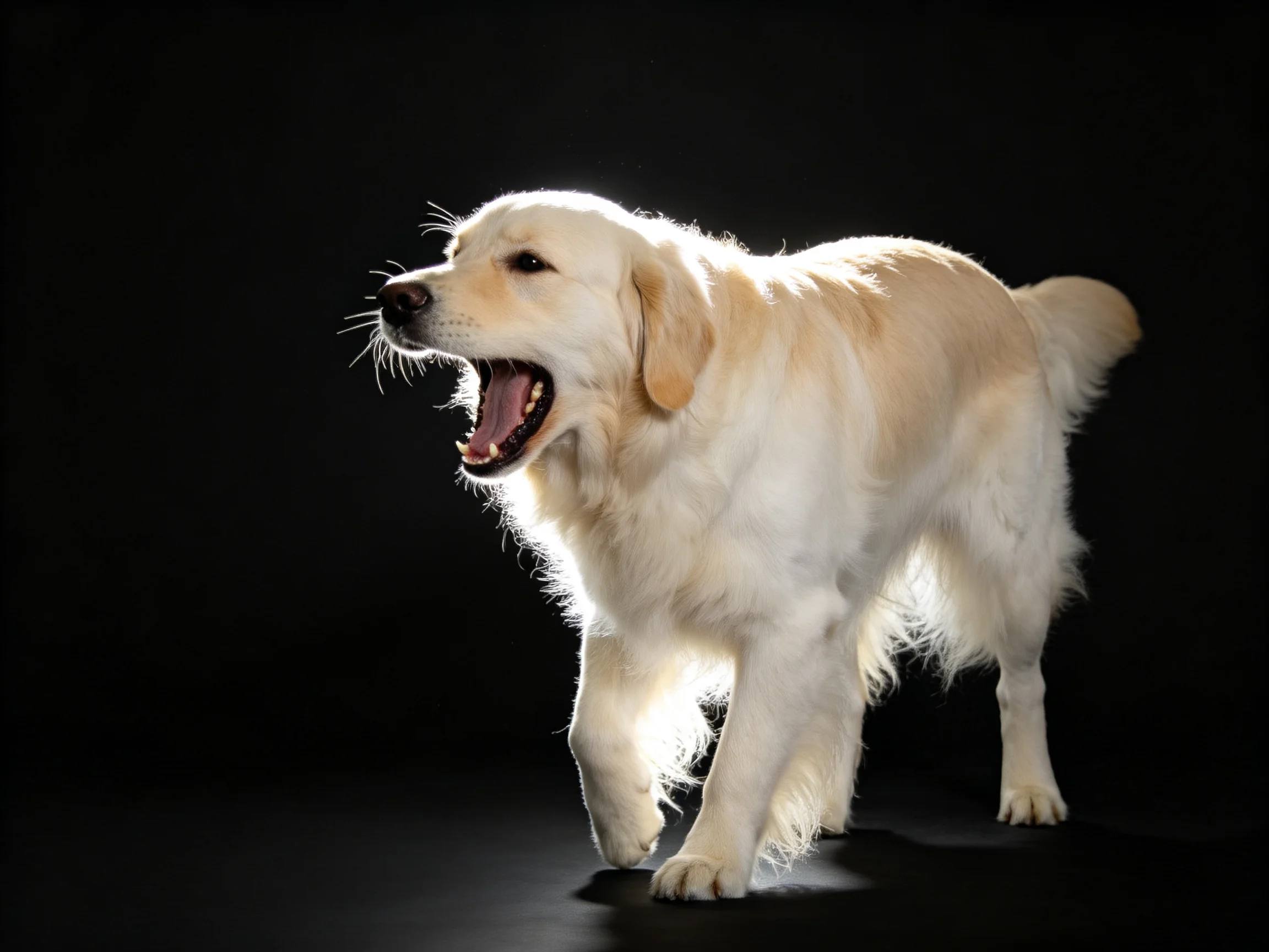 A golden retriever barks while standing on a dark surface.