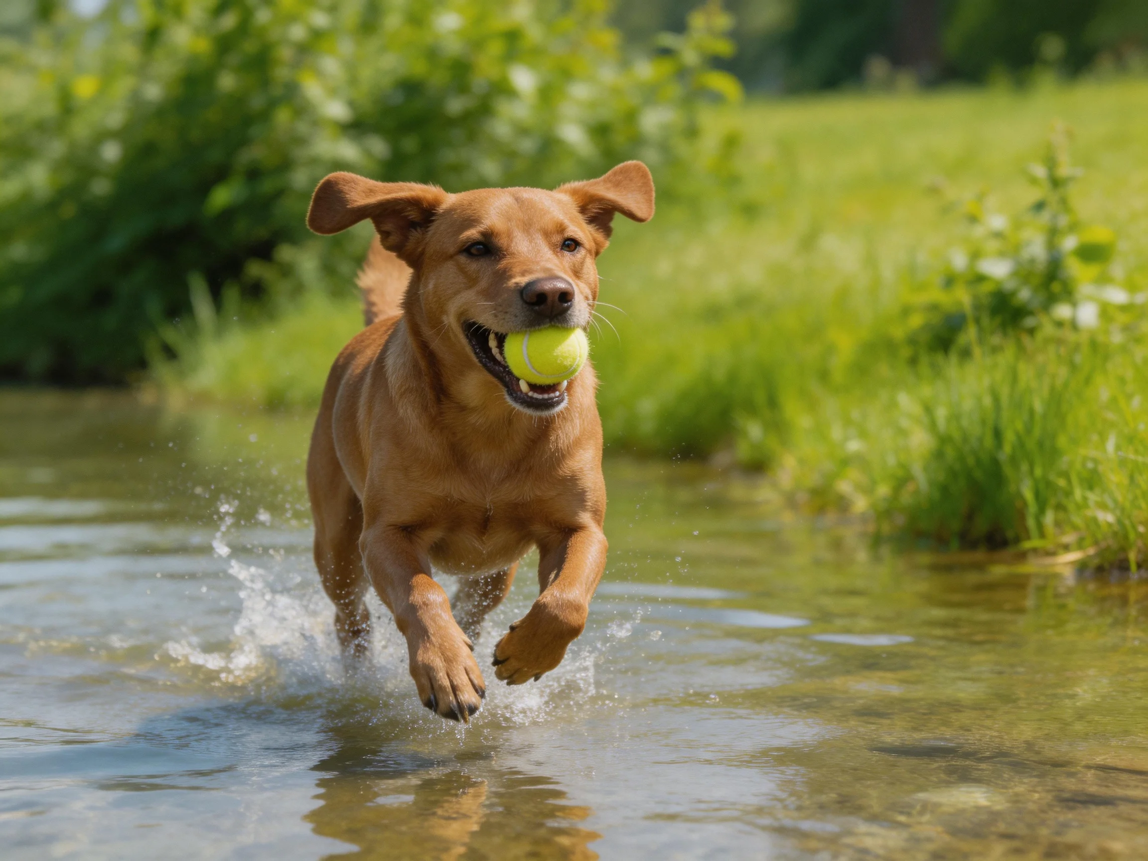 A golden retriever carries a bright yellow tennis ball through shallow water