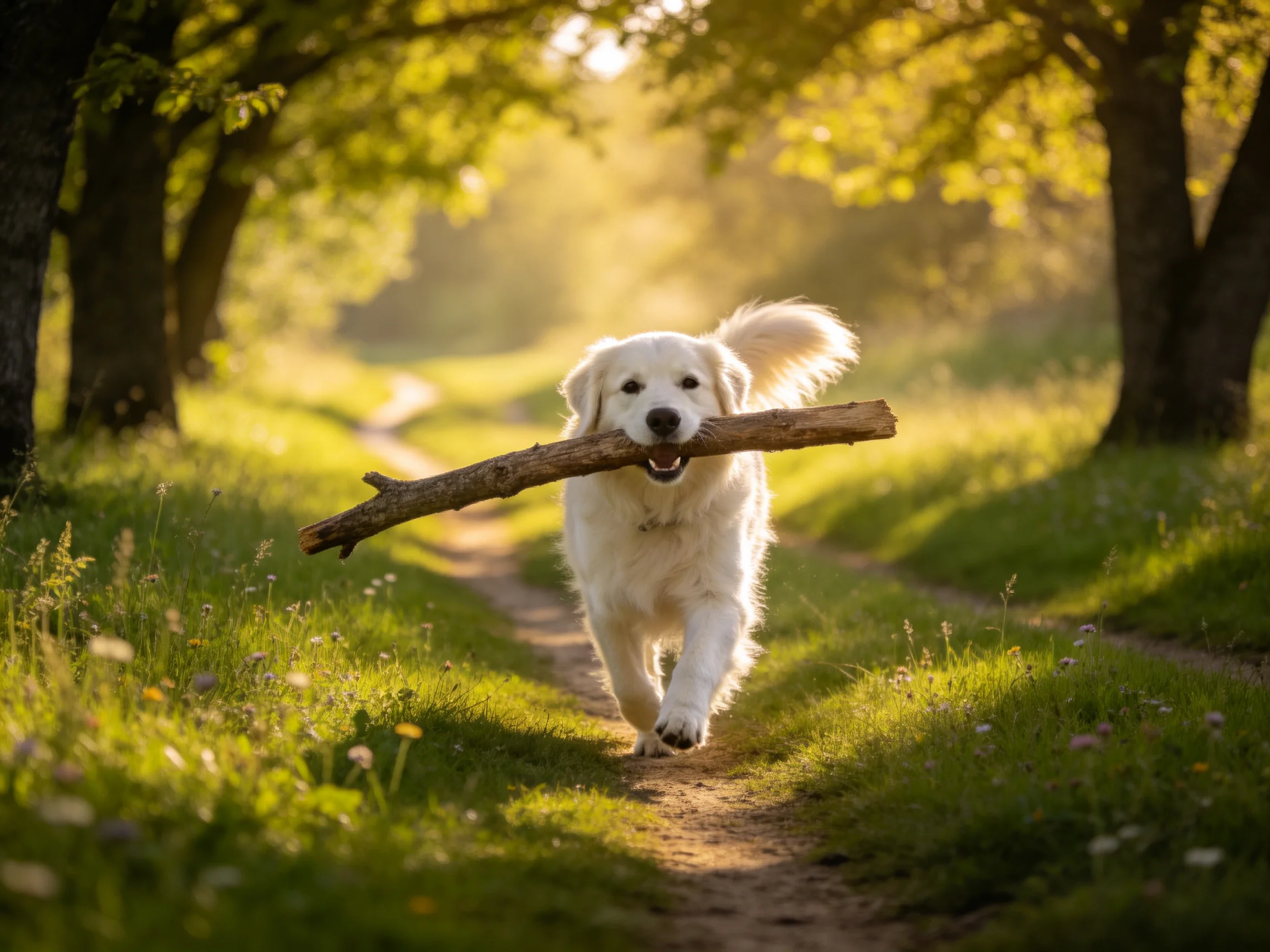 A golden retriever carries a large brown stick along a sunlit forest path