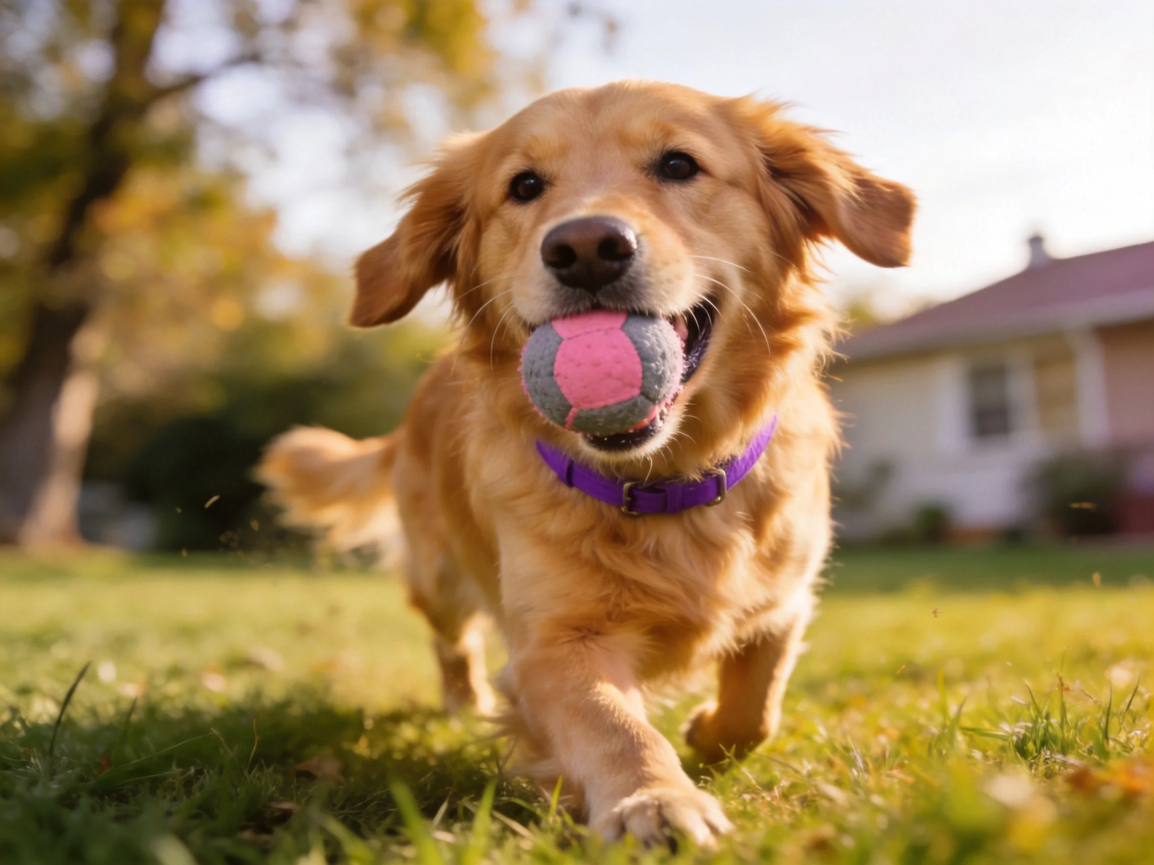 A golden retriever carries a pink-and-gray ball in a sunny backyard