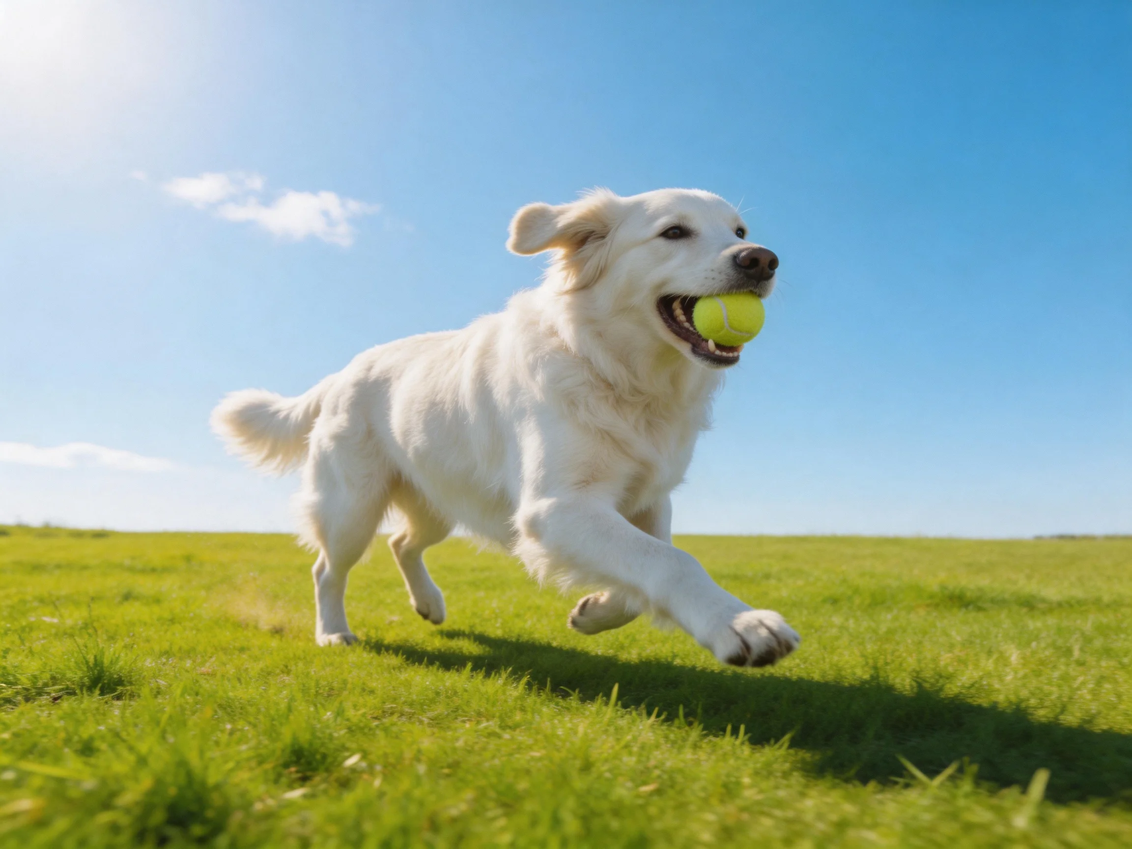 A golden retriever carrying a bright yellow tennis ball on a lush green meadow