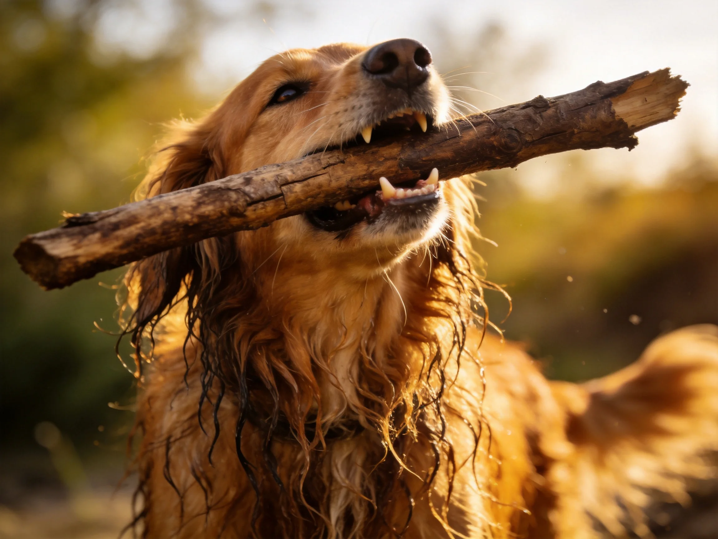 A golden retriever carries a large brown wooden stick outside.