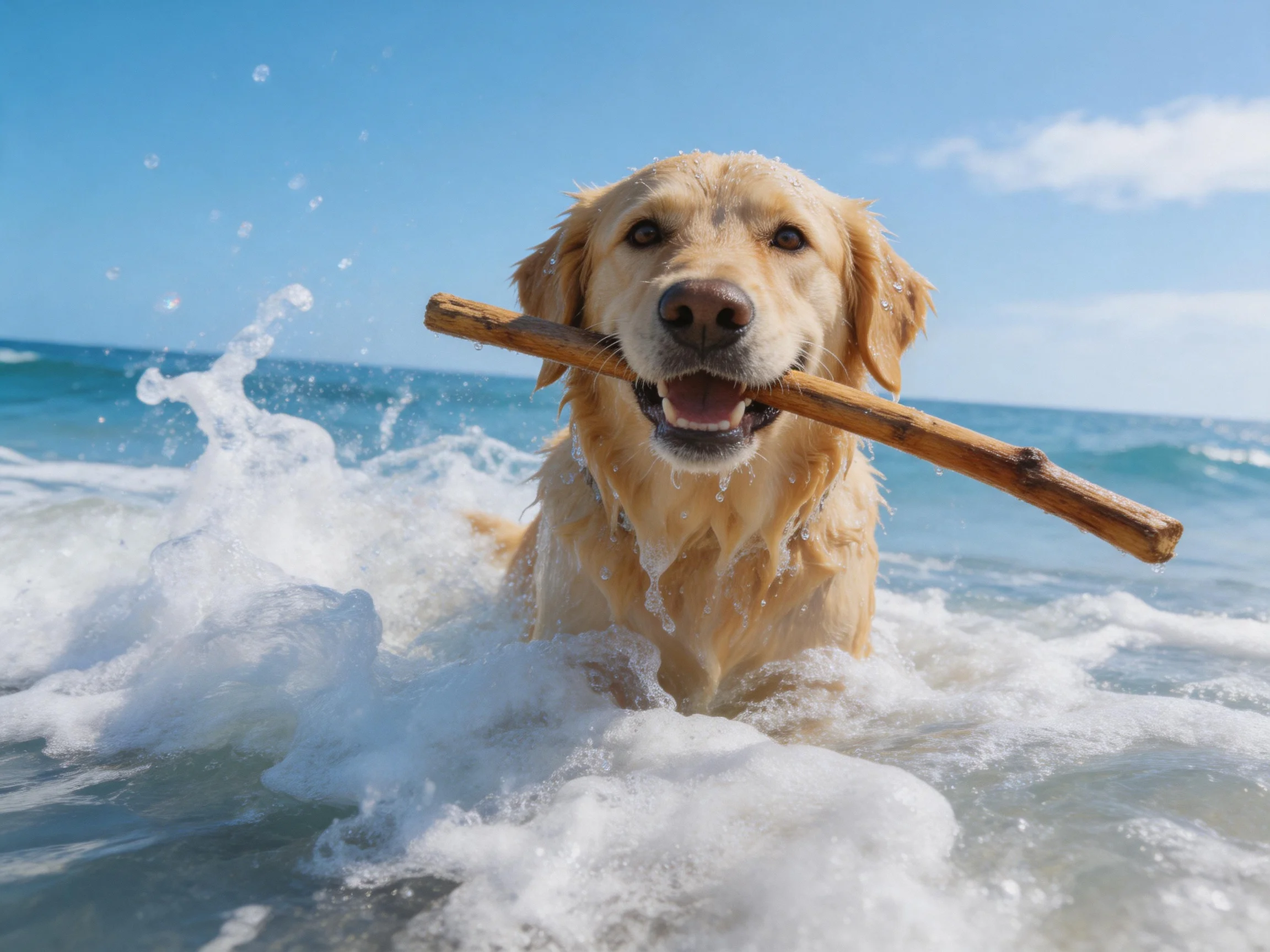 A golden retriever carrying a wooden stick amid crashing ocean waves