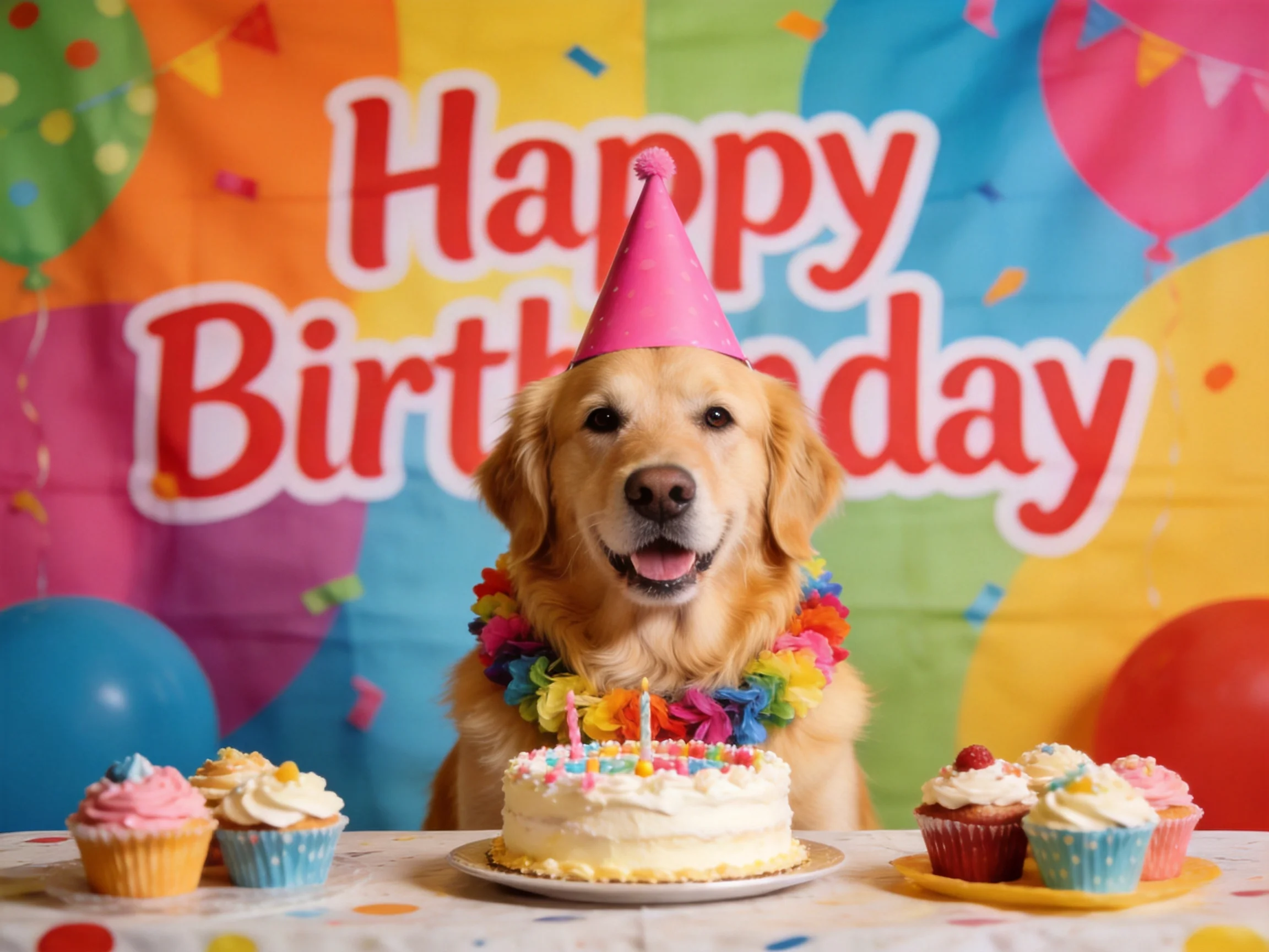 A golden retriever celebrates with a white cake, colorful cupcakes, and festive decorations