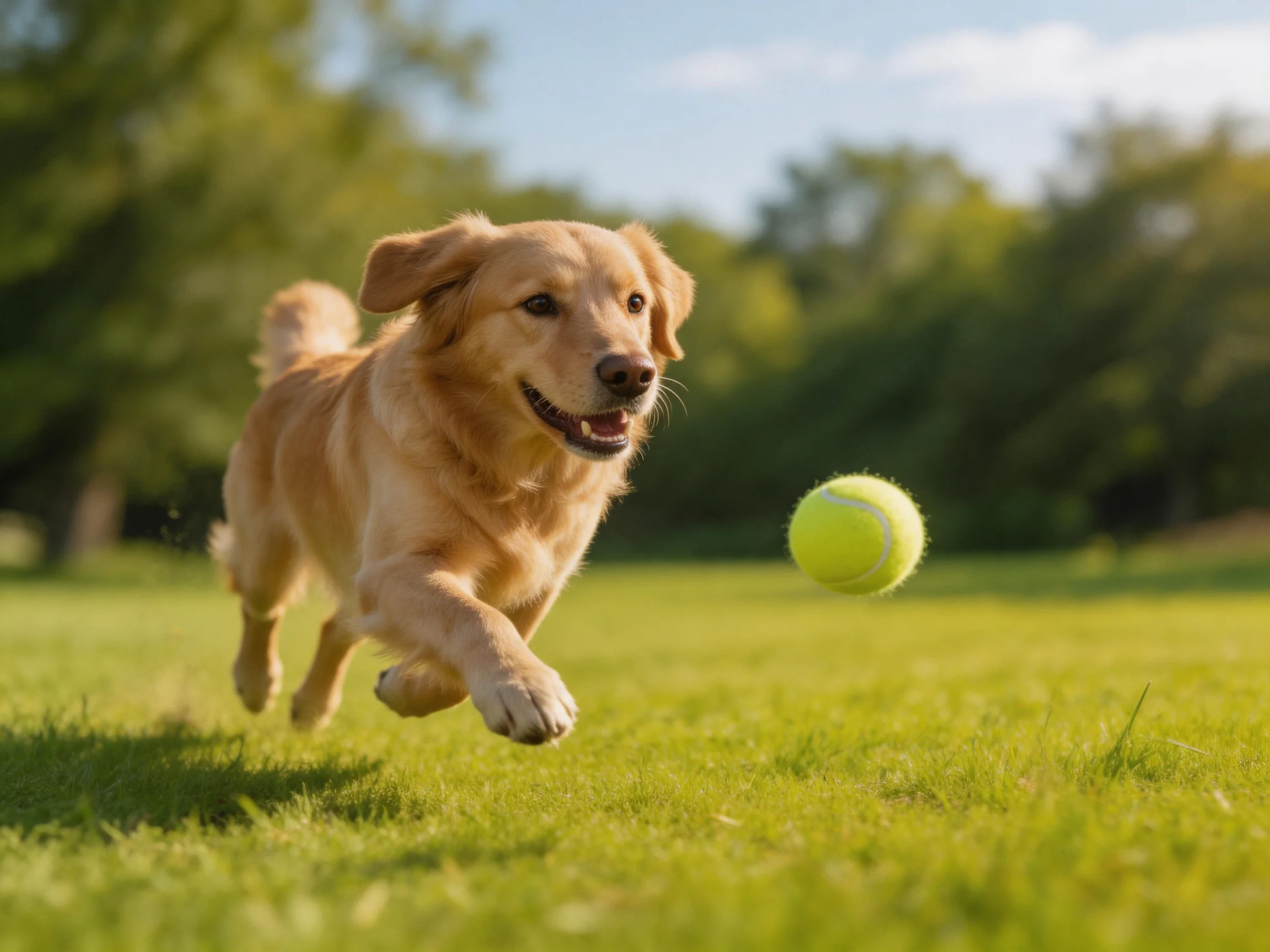 A golden retriever runs after a bright yellow tennis ball in a sunny outdoor setting.