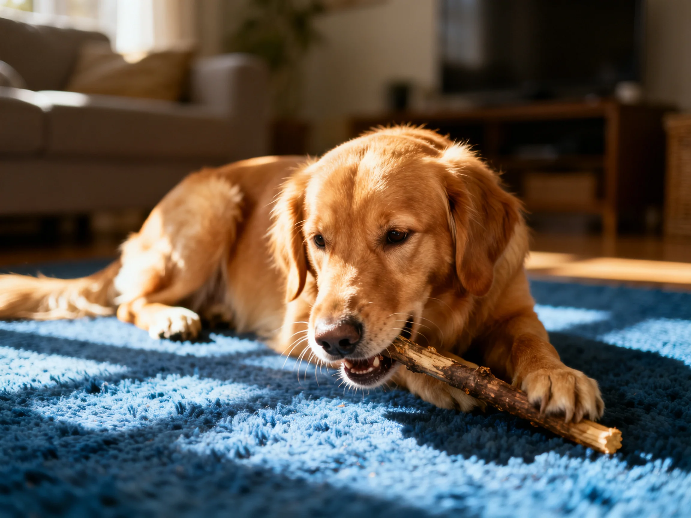A golden retriever chews a wooden stick on a vibrant blue rug