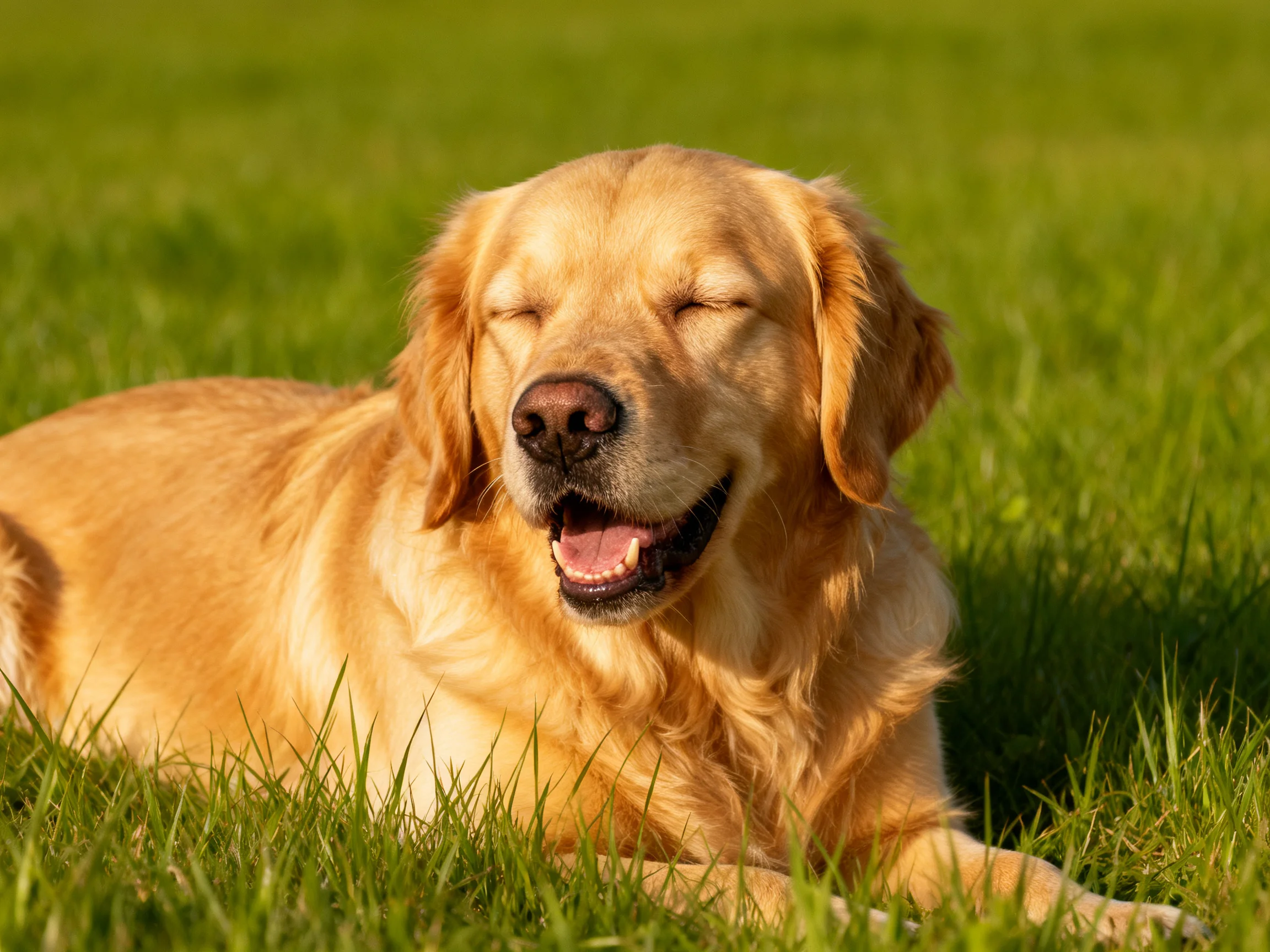 A golden retriever contentedly resting on lush green grass