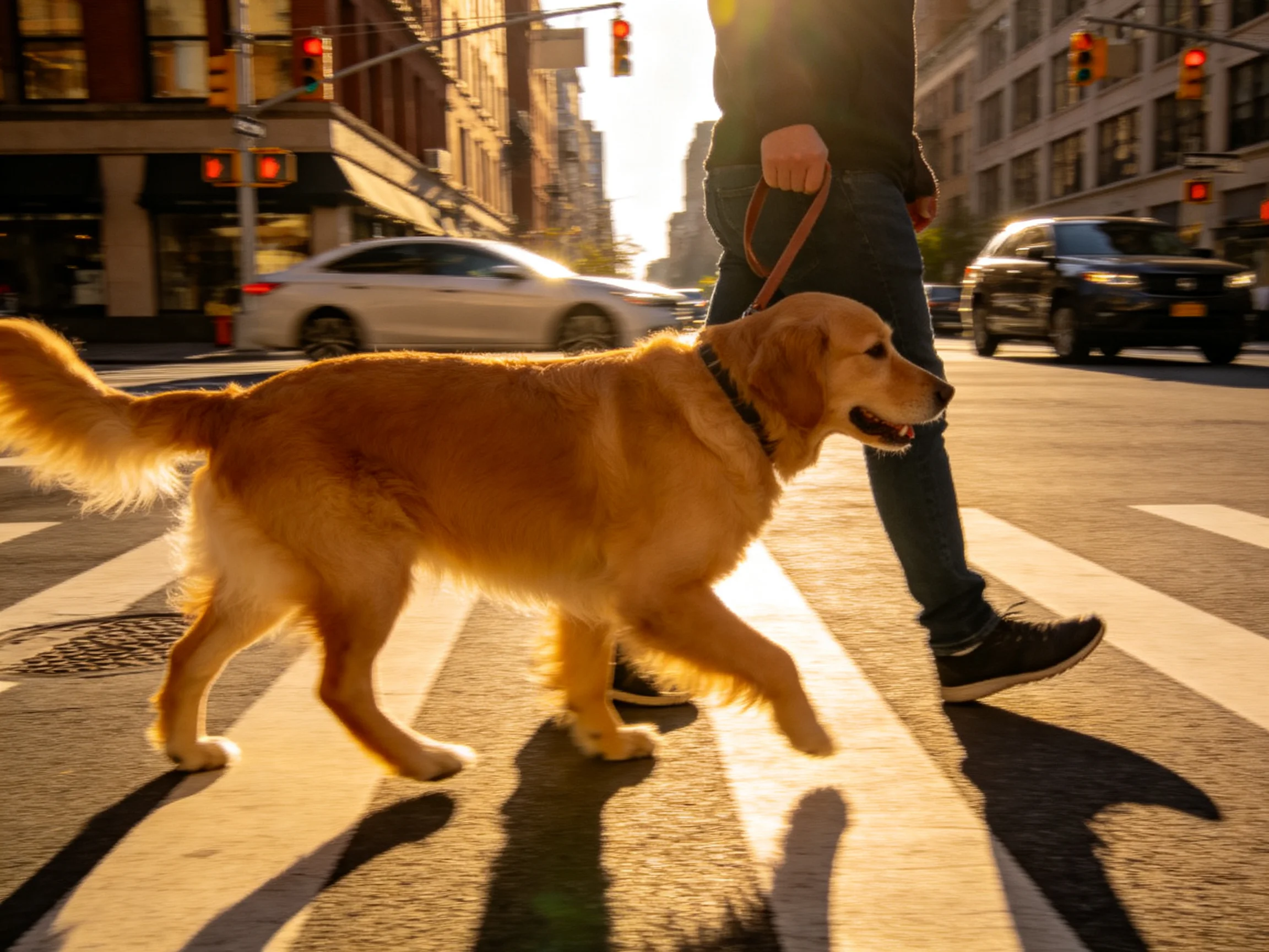 A golden retriever crosses a sunlit city crosswalk with its owner