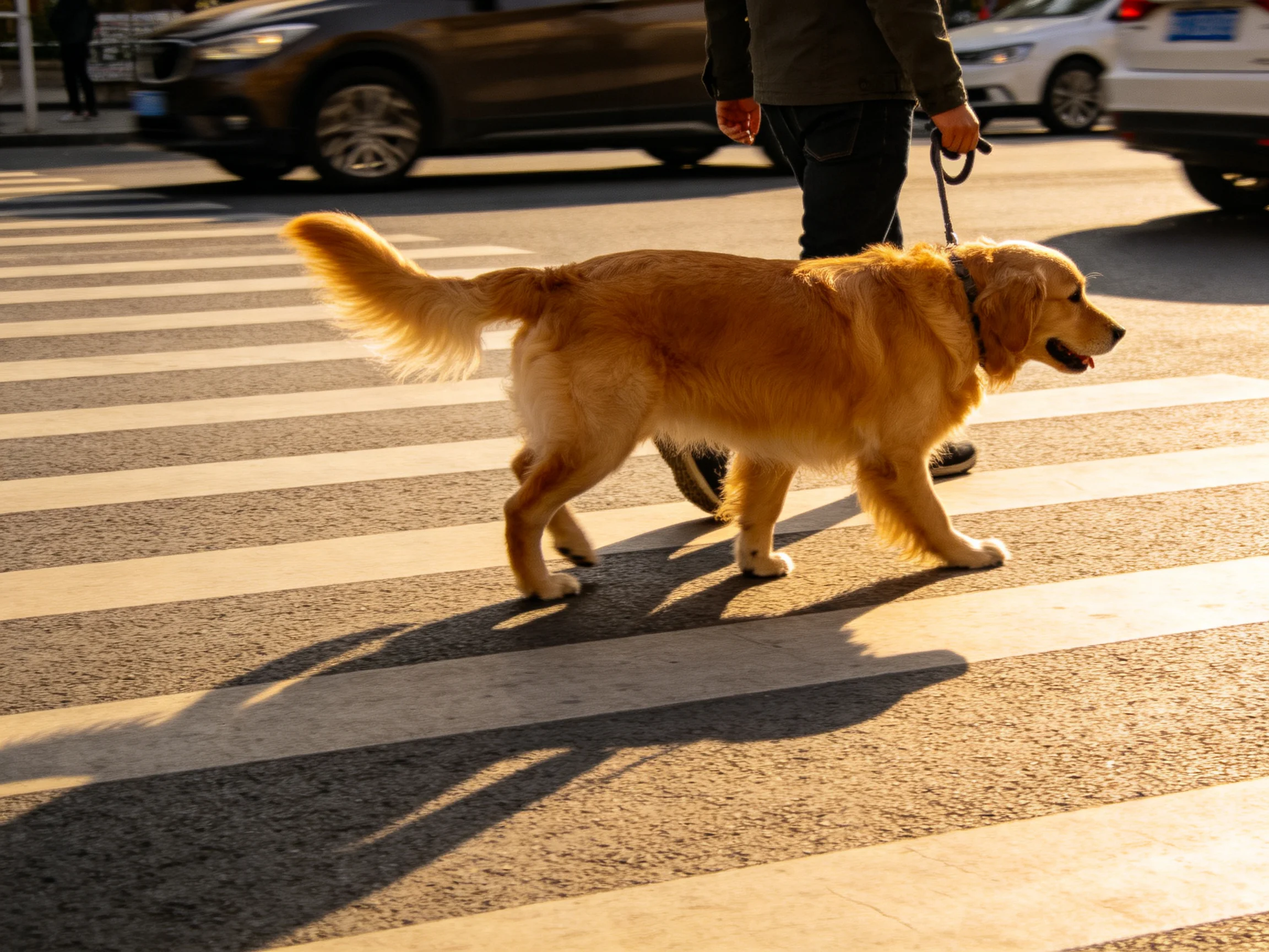 A golden retriever crosses a sunlit crosswalk with a handler nearby