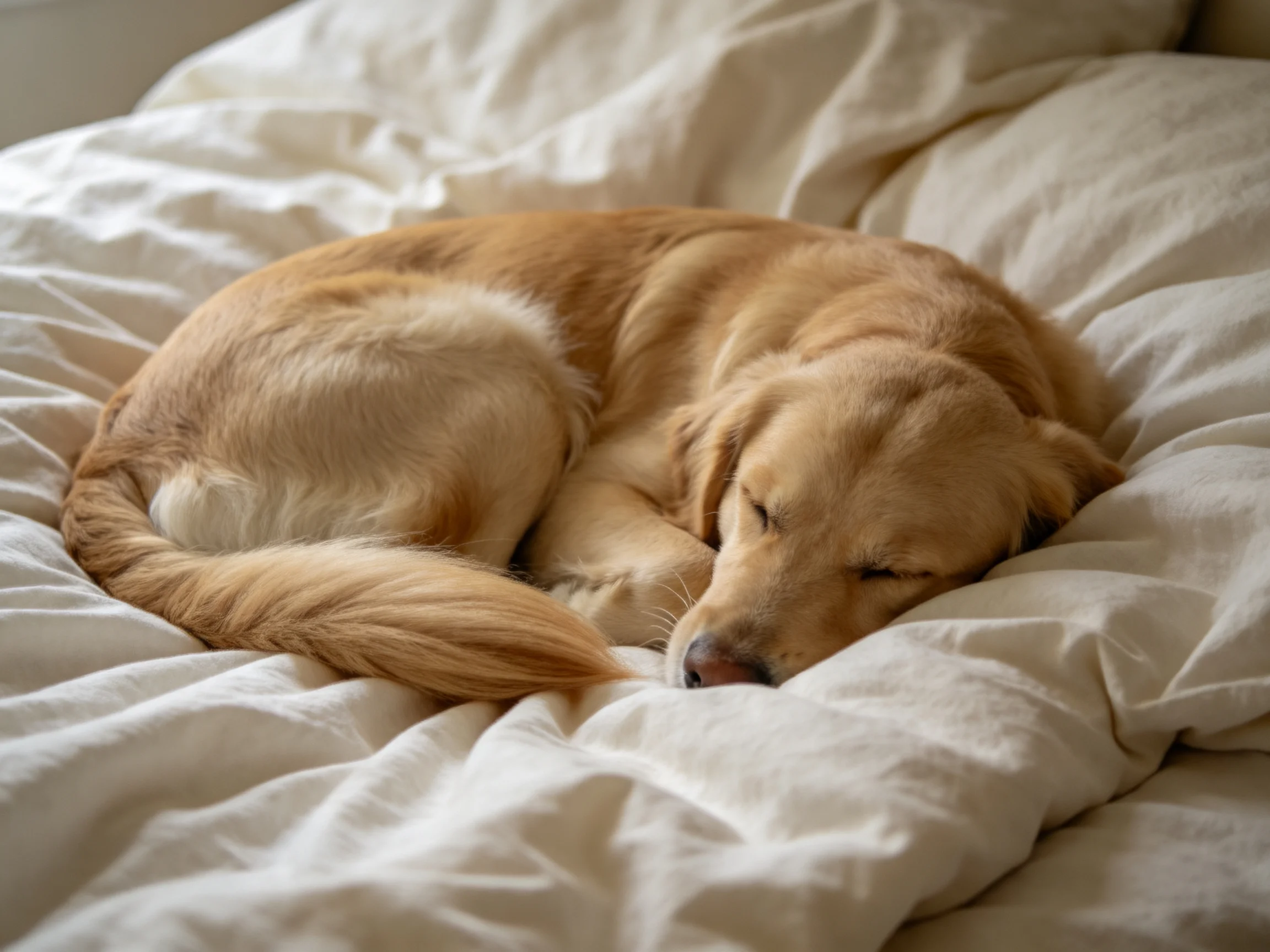 A golden retriever curled up on soft white bed sheets
