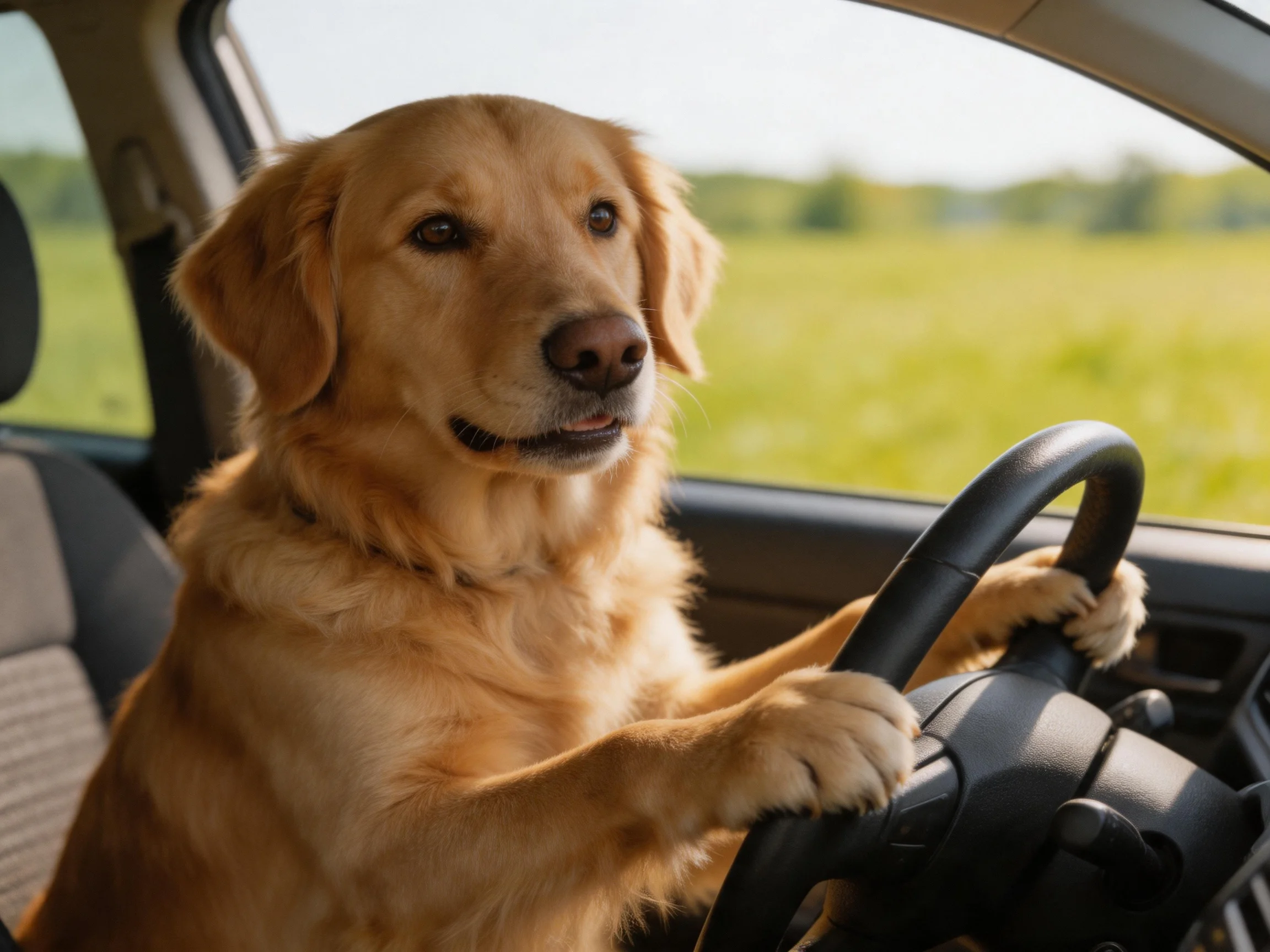 A golden retriever humorously appears to be driving a car with paws on the steering wheel.
