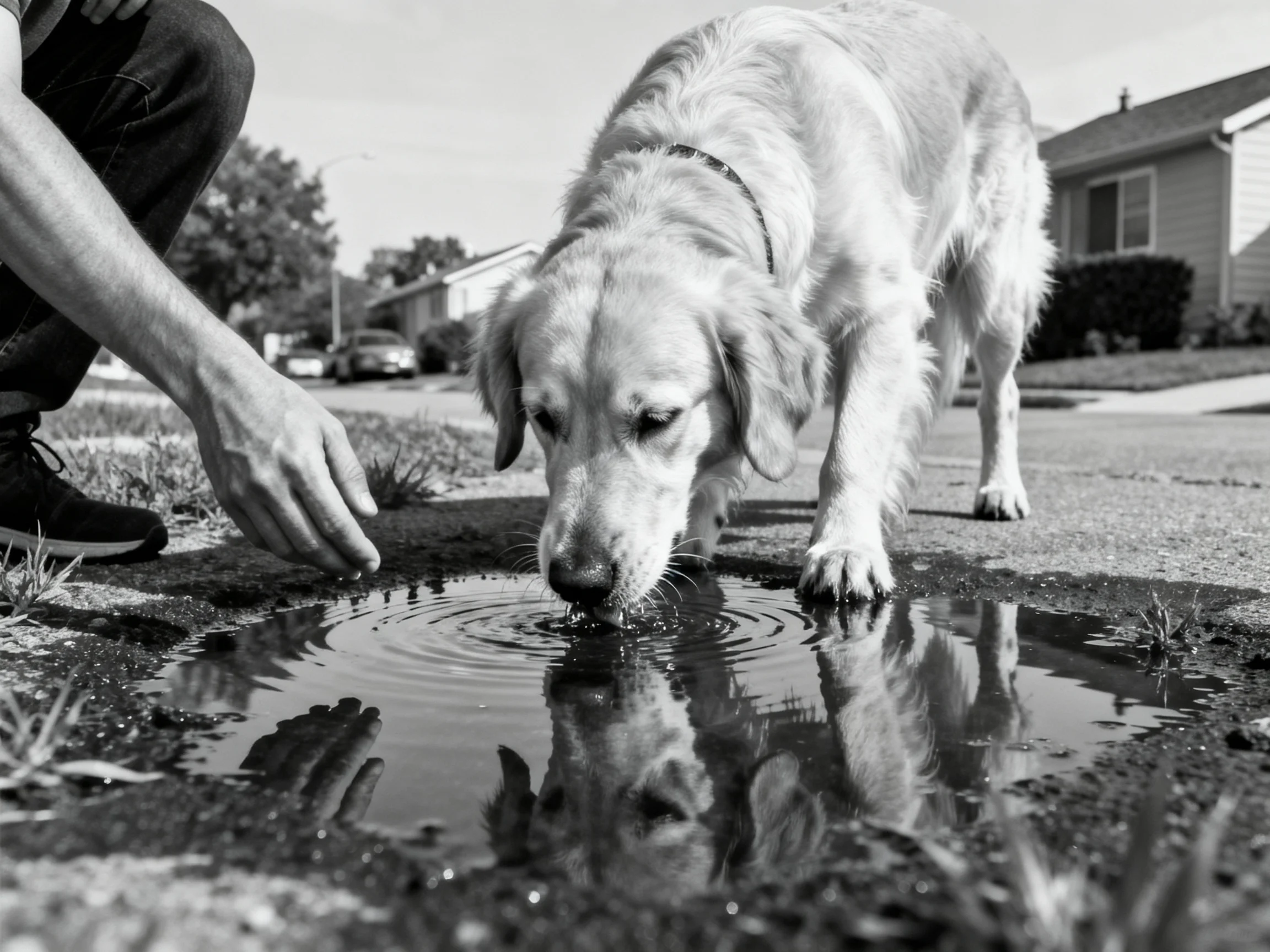 A golden retriever drinks from a puddle beside a crouched person