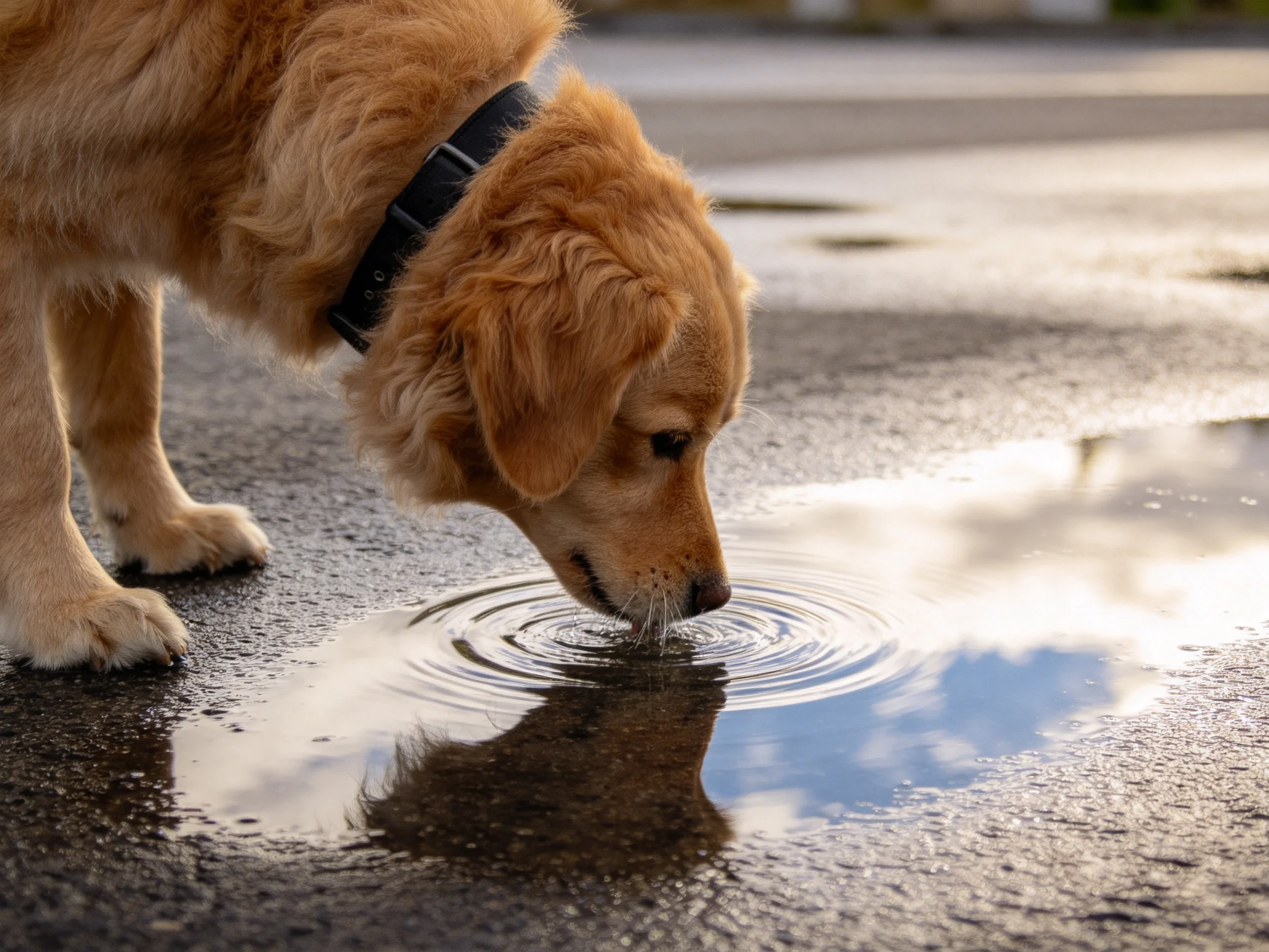A golden retriever drinks from areflective puddle on wet pavement