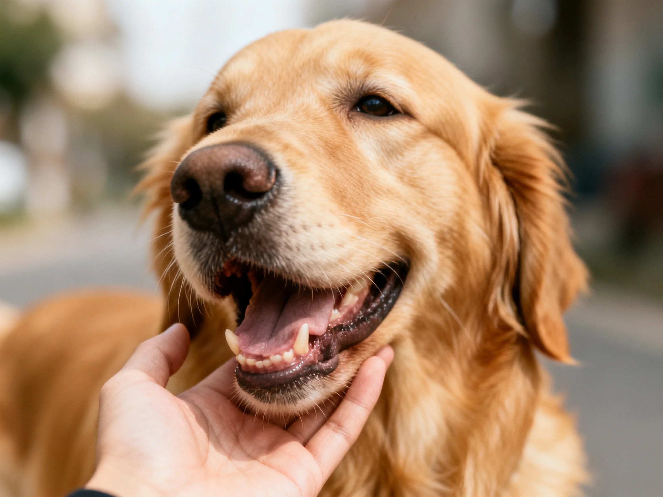 A golden retriever enjoys a gentle hand caress outdoors