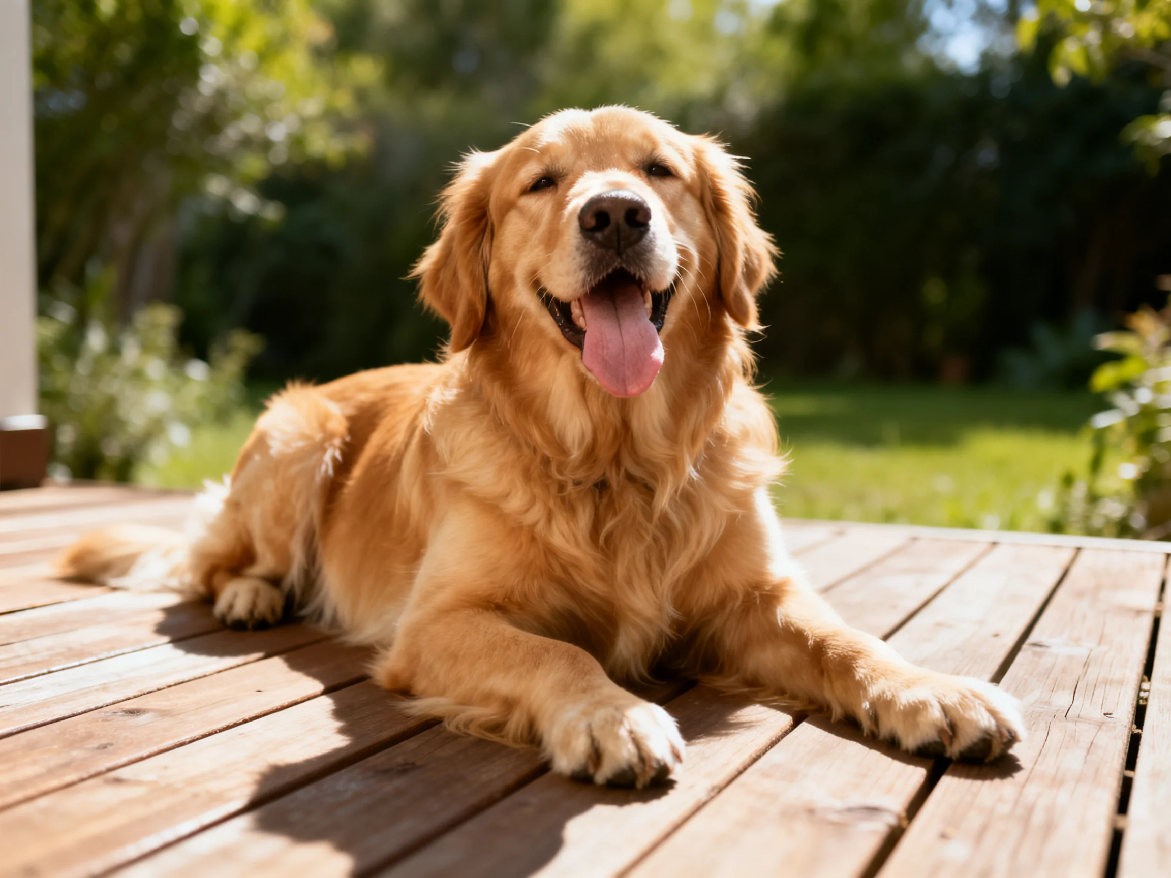 A golden retriever enjoys resting on a sunlit wooden deck