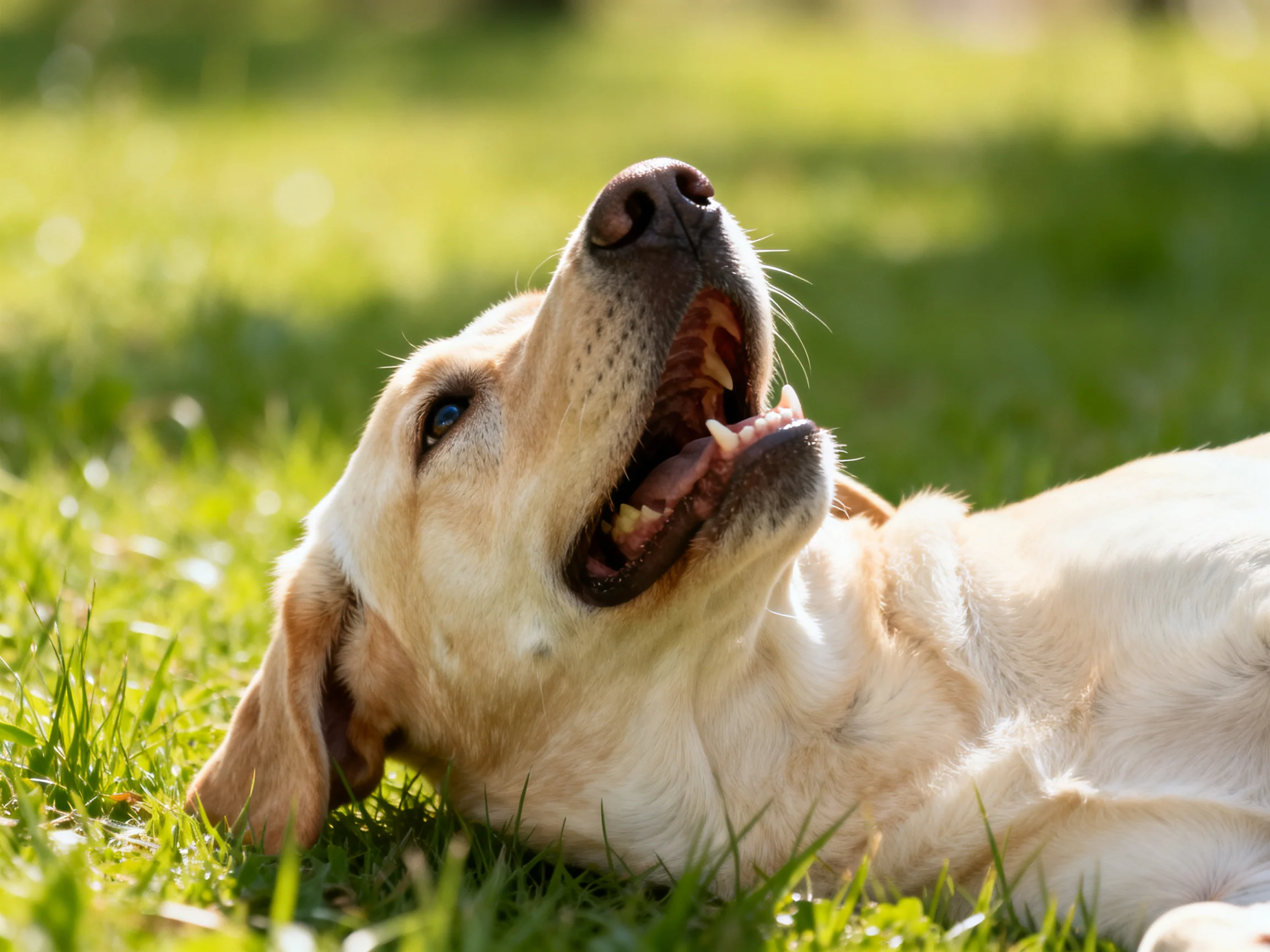 A golden retriever enjoys resting on vibrant green grass