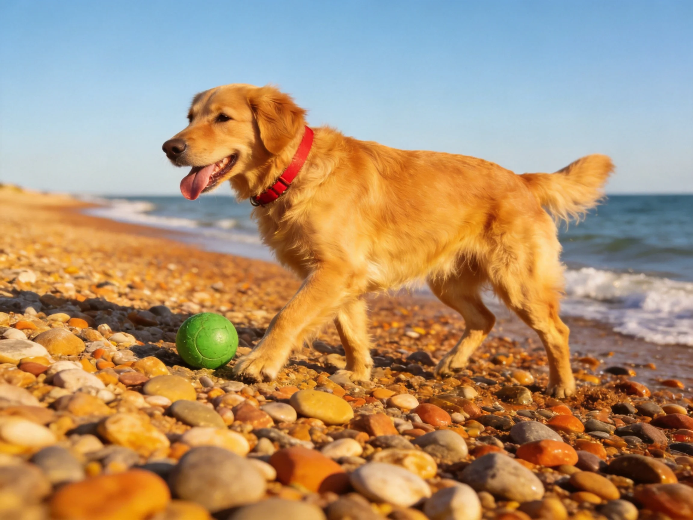 A golden retriever explores a pebbly beach with a bright green ball