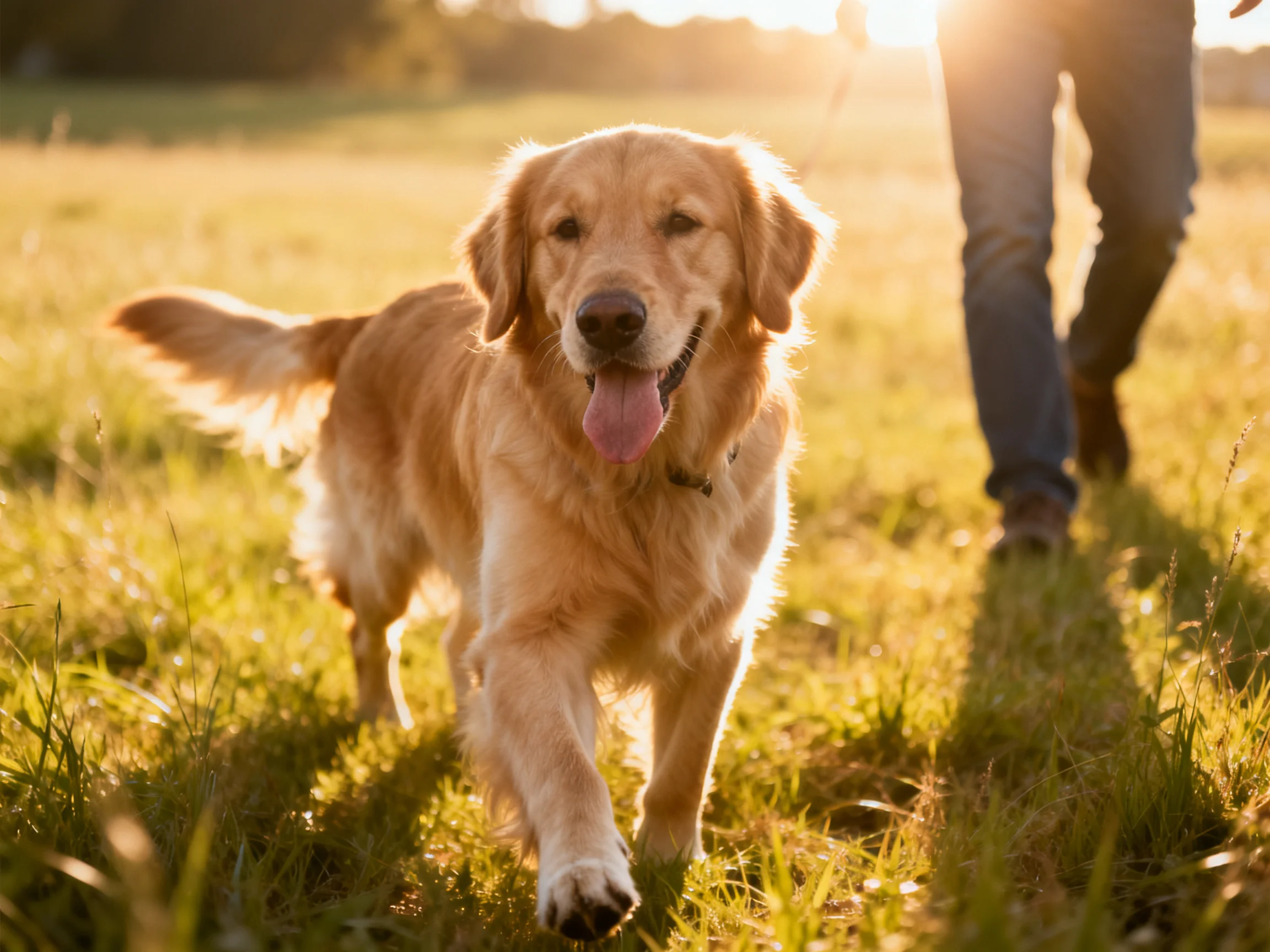 A golden retriever explores a sunlit grassy field with a person