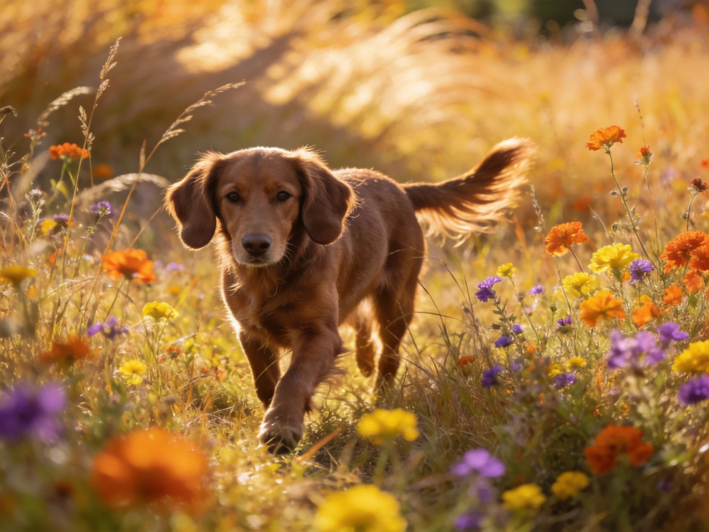 A golden retriever explores a vibrant wildflower meadow under warm sunlight