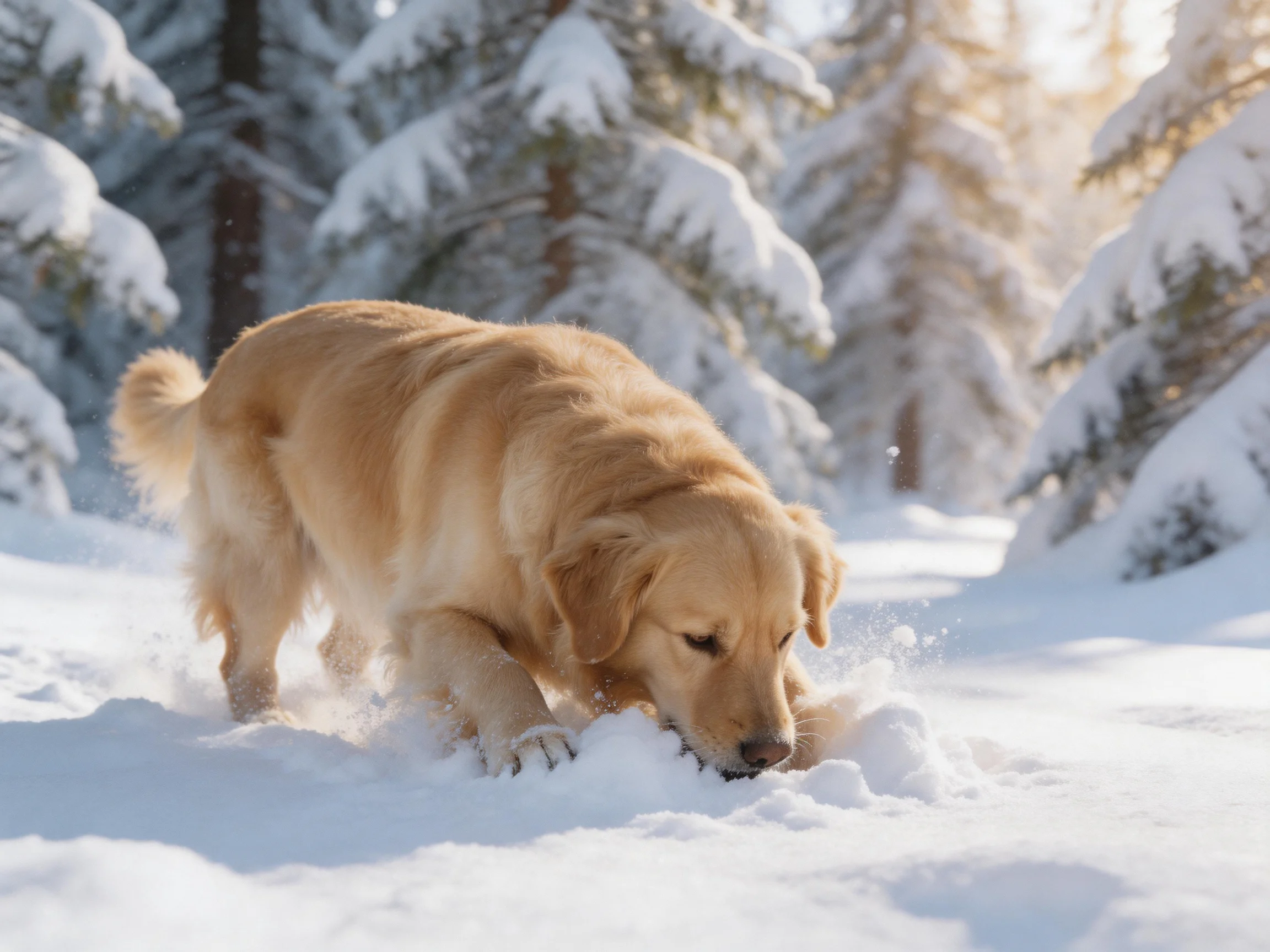 A golden retriever sniffs at deep snow in a wintry forest.