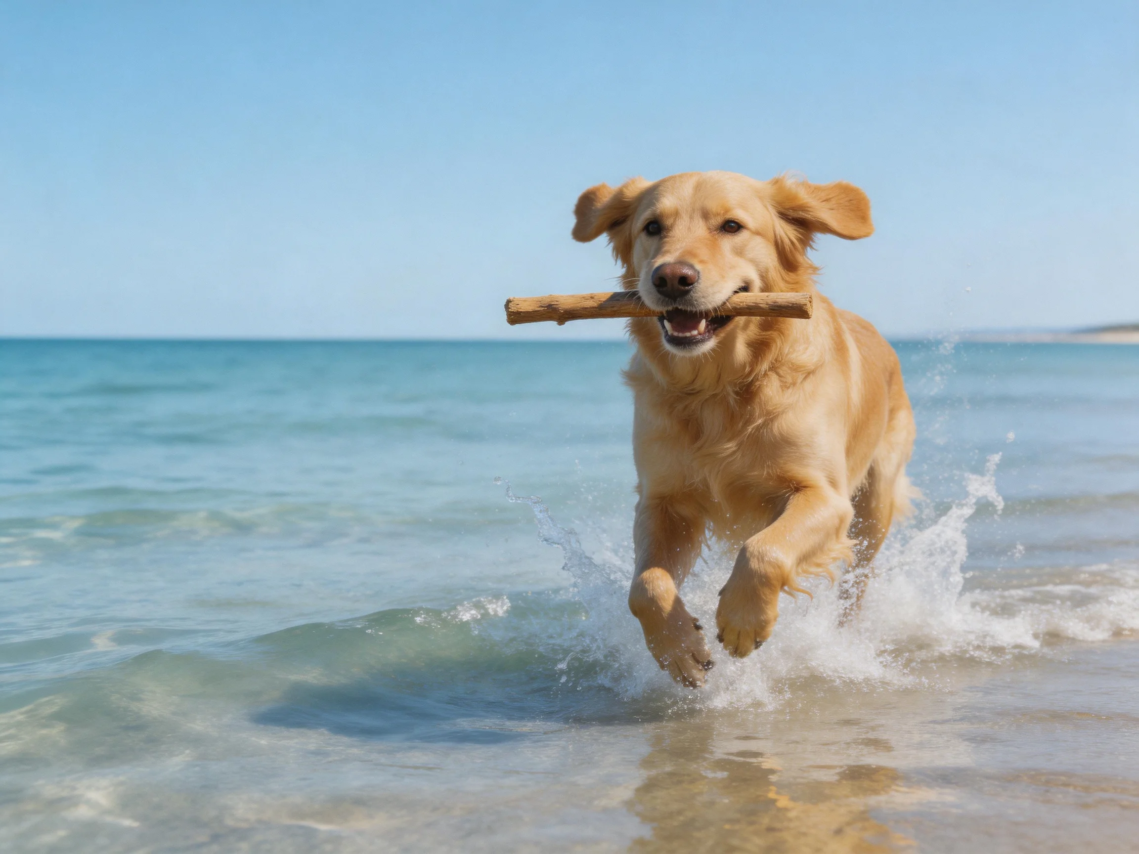 A golden retriever carries a stick while running through shallow ocean water.