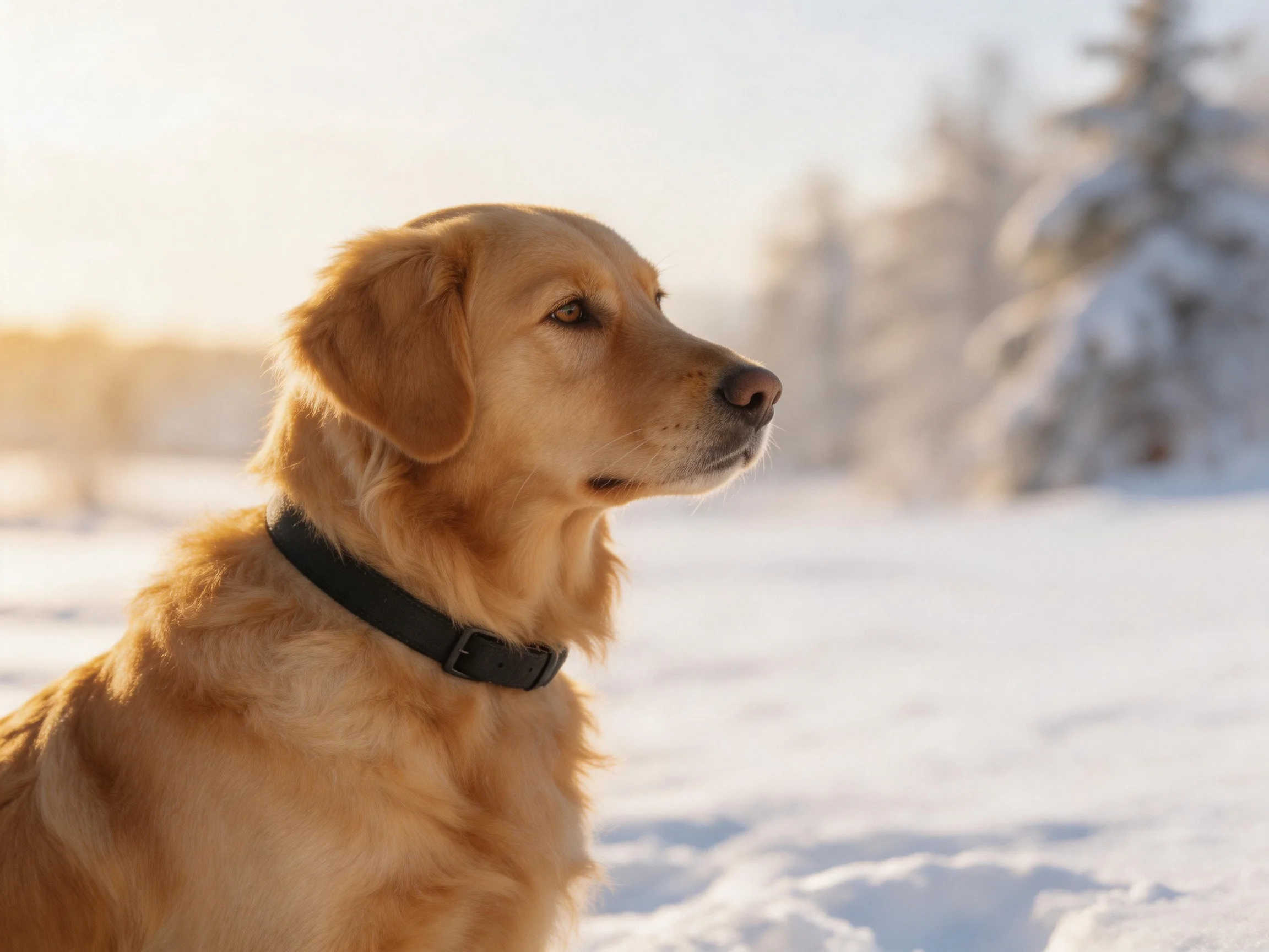 A golden retriever gazes toward a snowy winter landscape