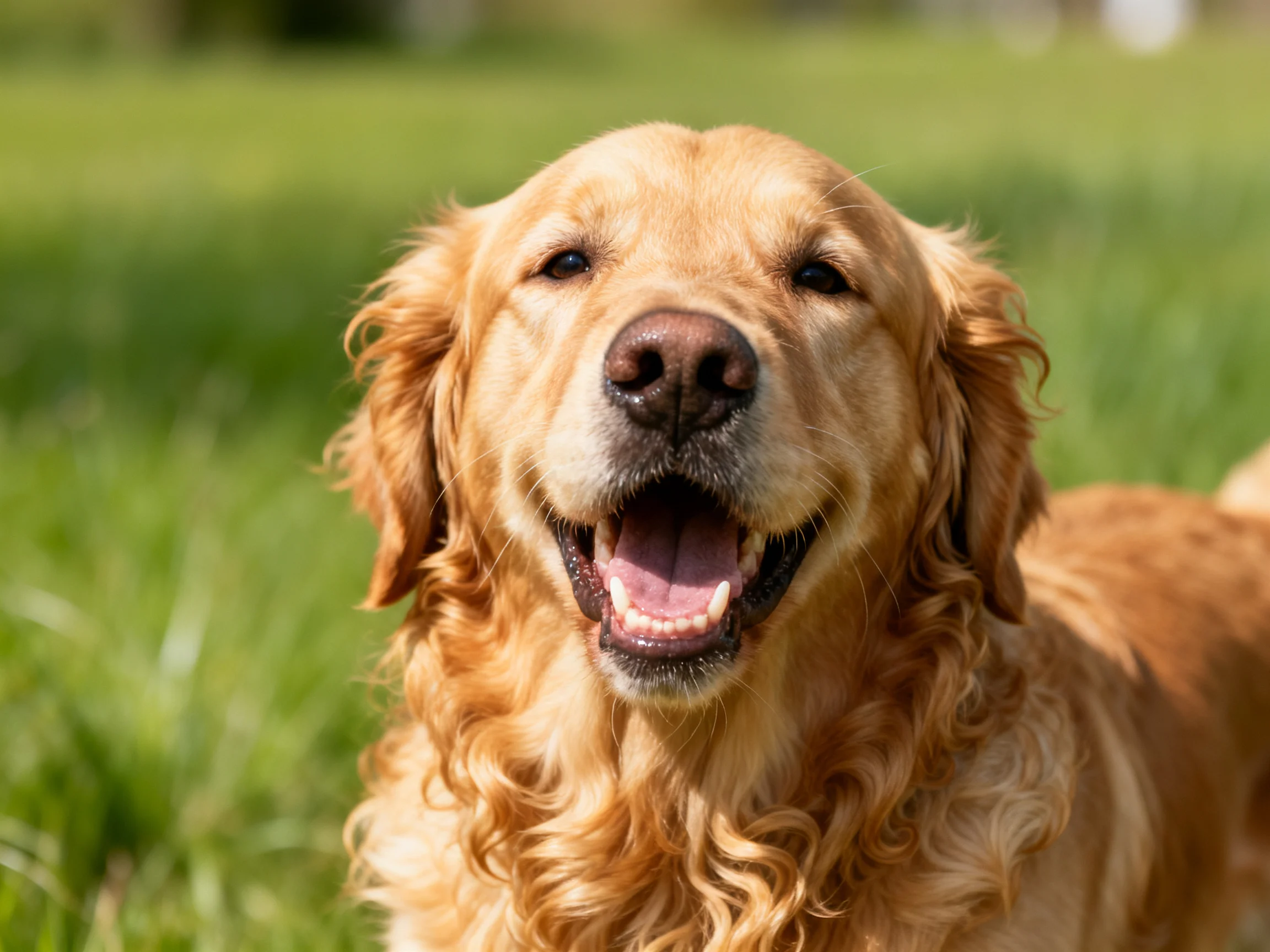 A golden retriever smiles joyfully among green grass in bright daylight.