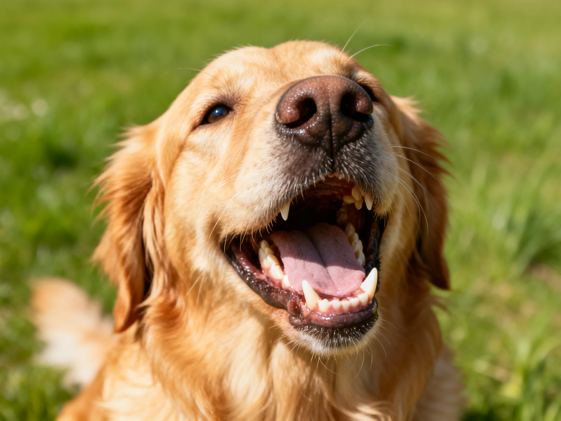A golden retriever grins joyfully in a grassy field