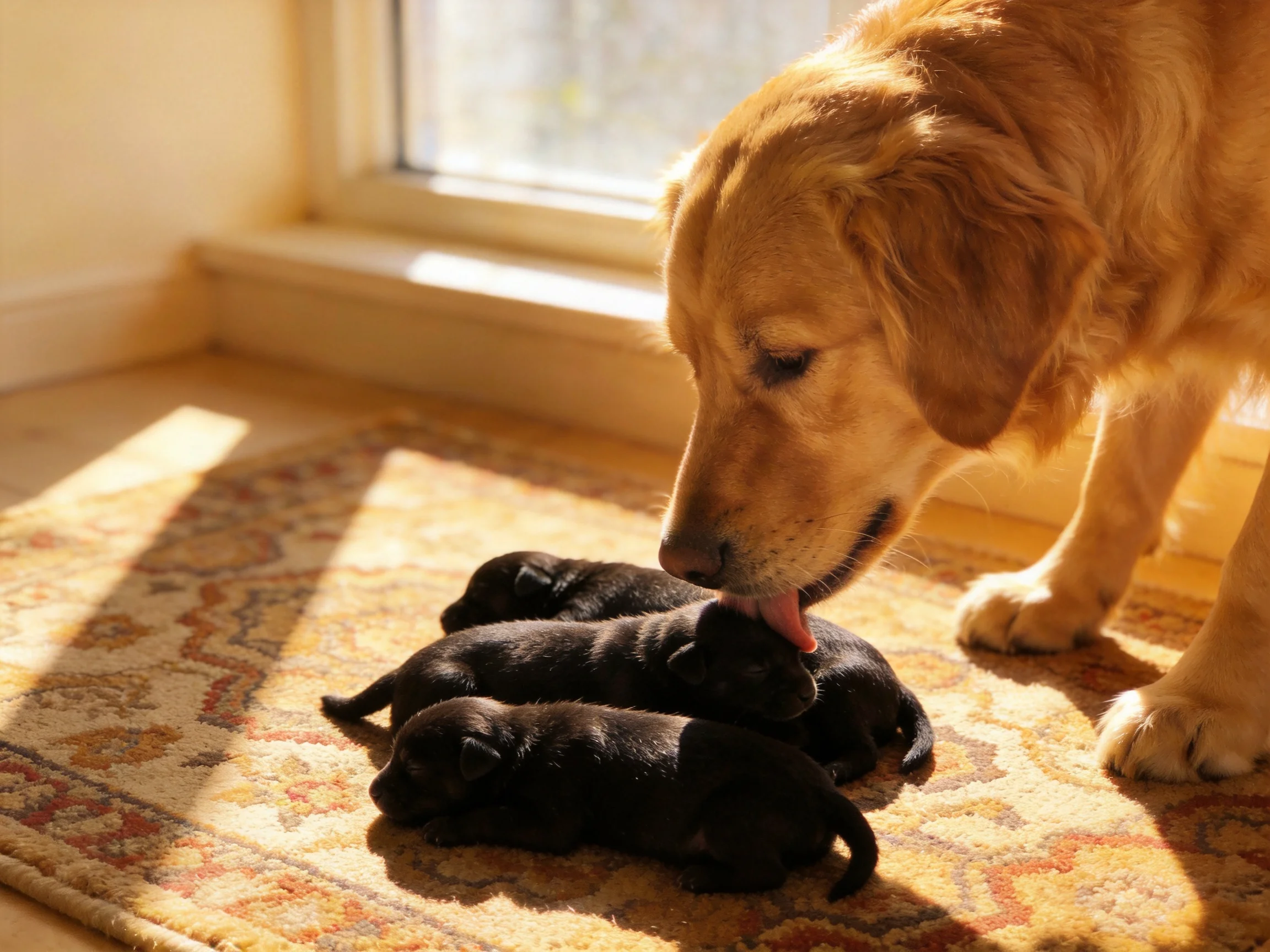 A golden retriever grooms three black puppies on a patterned rug by a sunlit window