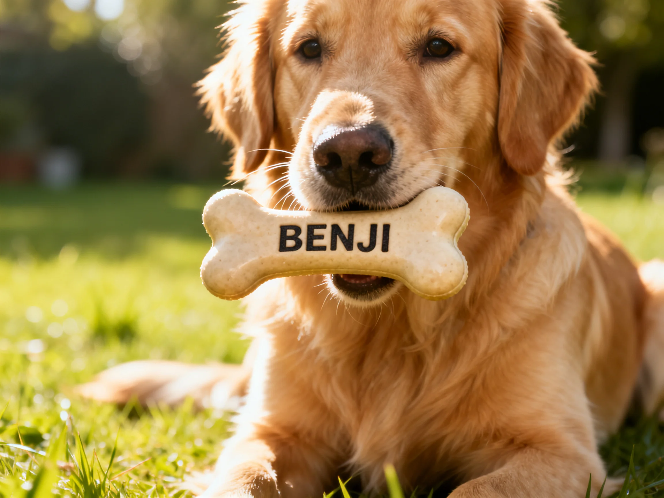 A golden retriever carries a personalized bone toy in a grassy area.