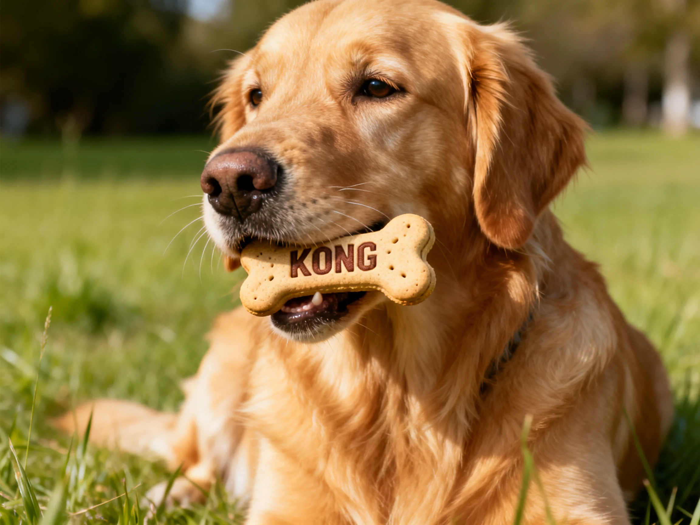 A golden retriever holds a bone - shaped KONG treat in a sunny park